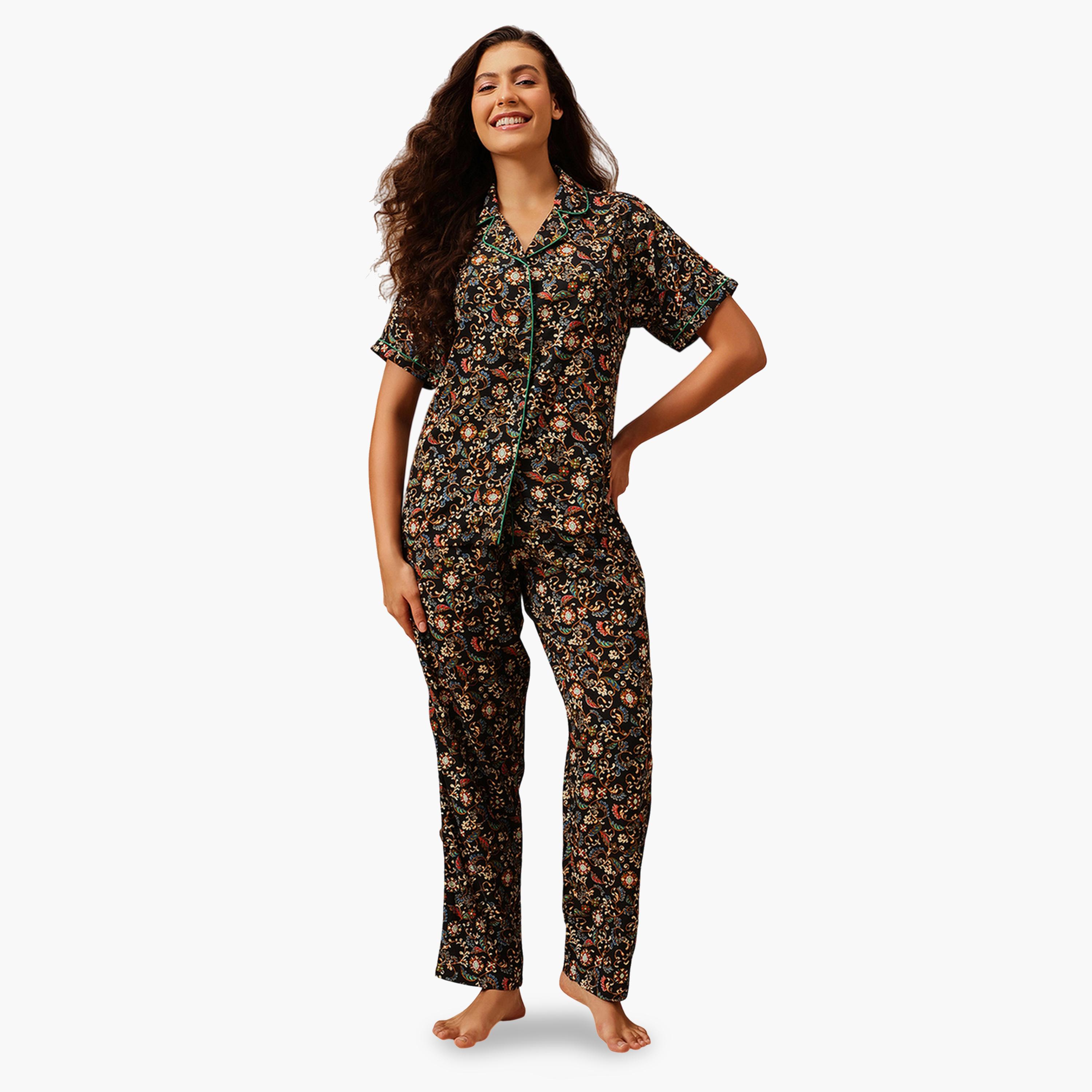 Clovia X Styli Black Paisley Print Shirt and Pants Pyjama Set-women-clothing-nightwear-pyjamas-longsets-image-1
