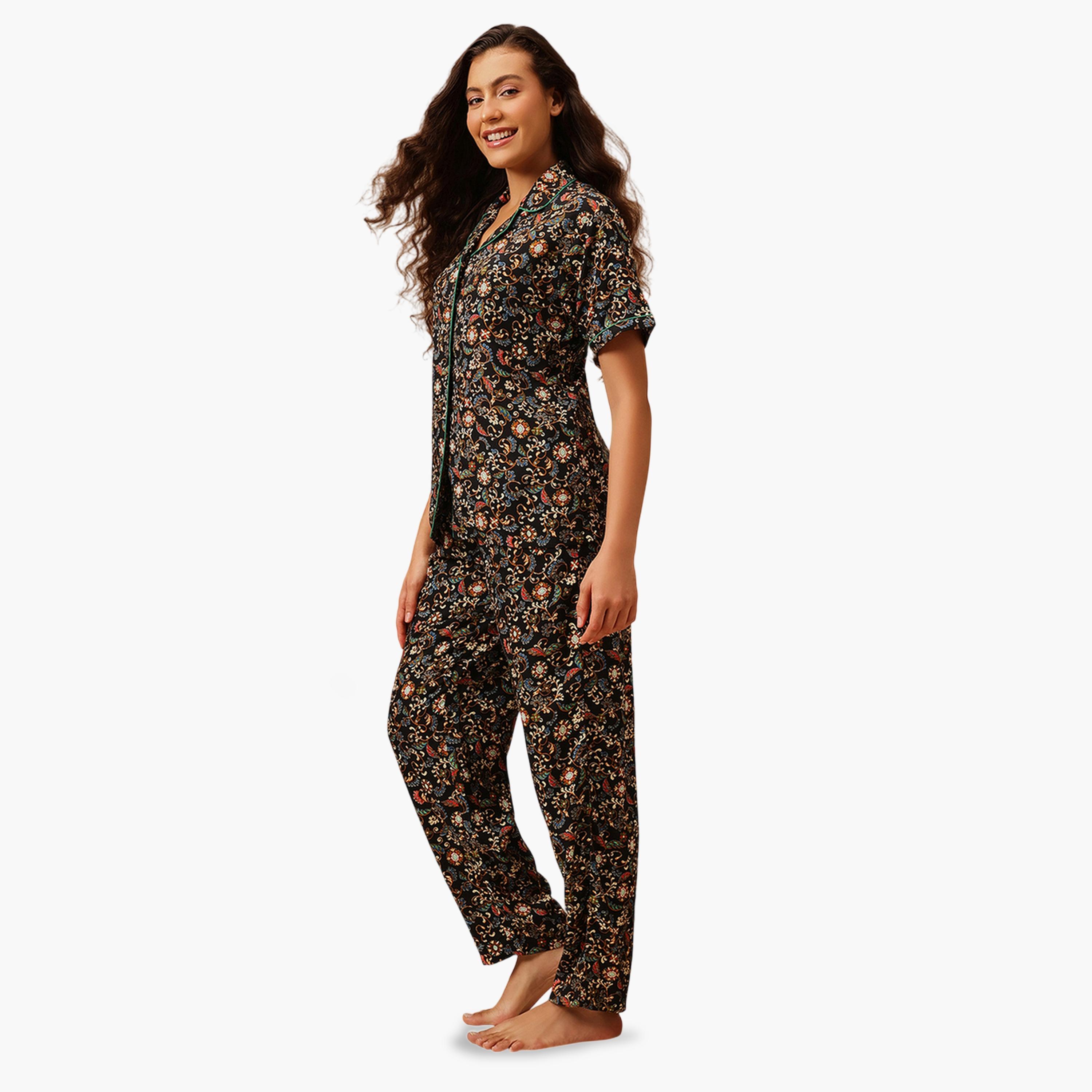Clovia X Styli Black Paisley Print Shirt and Pants Pyjama Set-women-clothing-nightwear-pyjamas-longsets-image-2