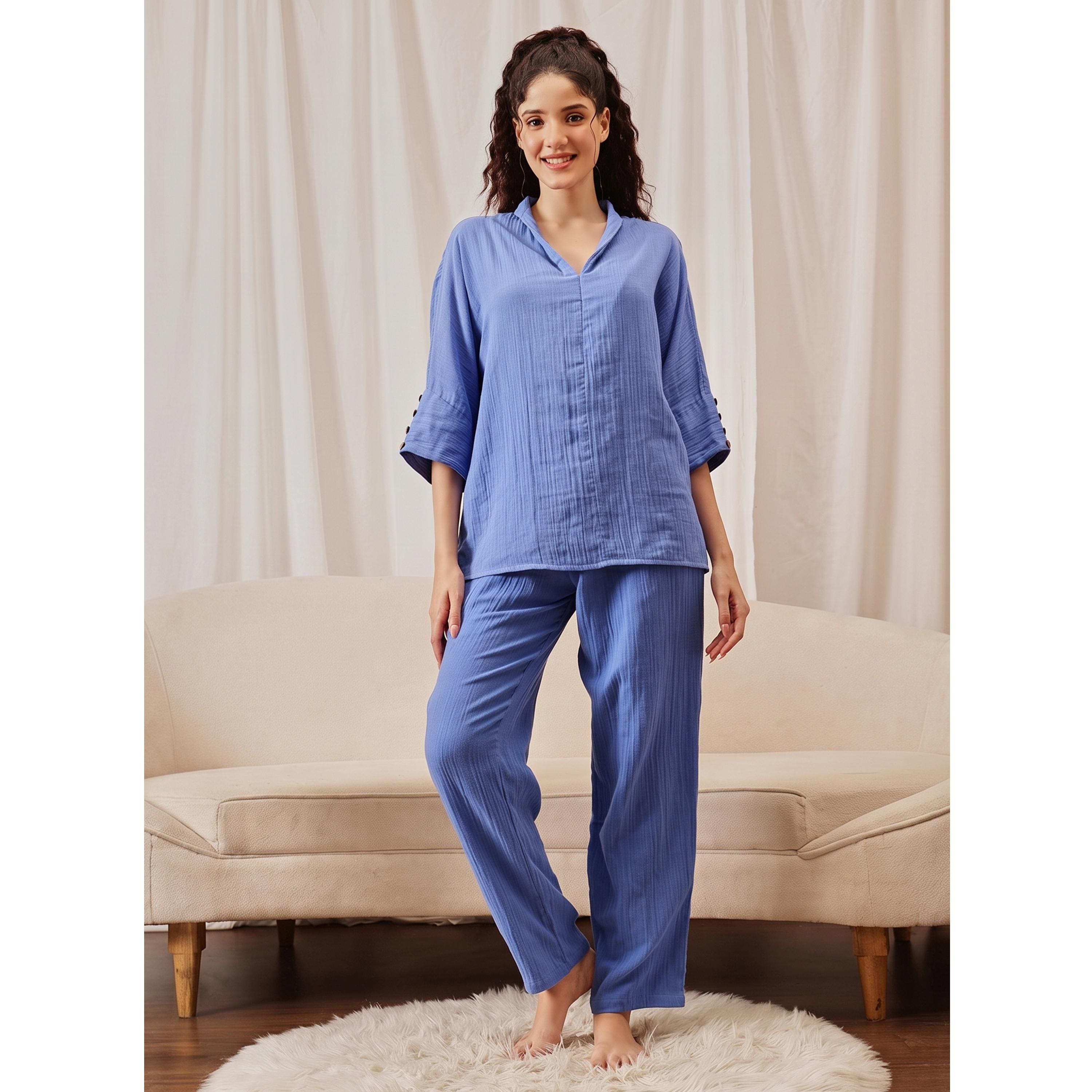 Clovia X Styli Navy Blue Textured Button Details Top and Pants Pyjama Set-women-clothing-nightwear-pyjamas-longsets-image-1