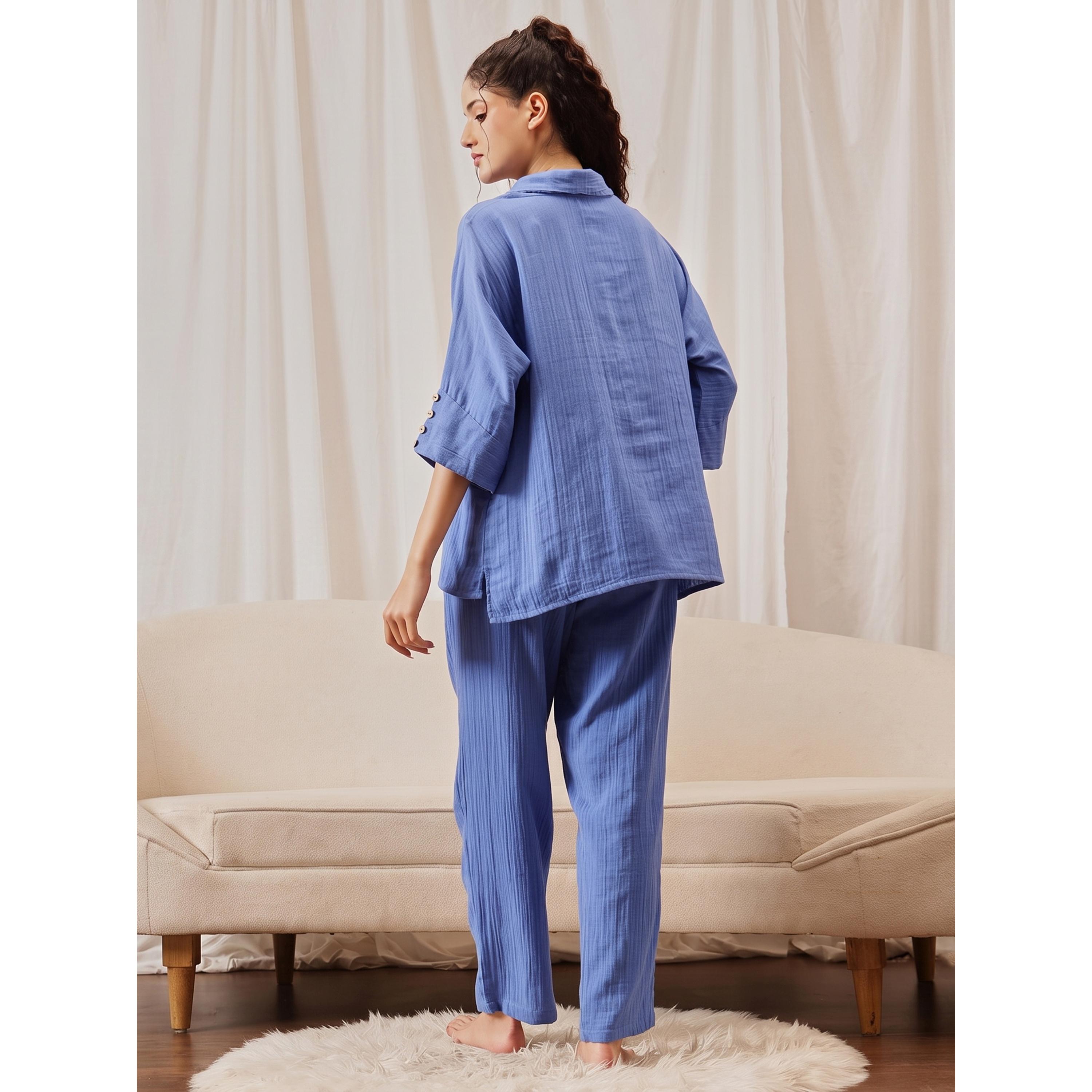 Clovia X Styli Navy Blue Textured Button Details Top and Pants Pyjama Set-women-clothing-nightwear-pyjamas-longsets-image-3