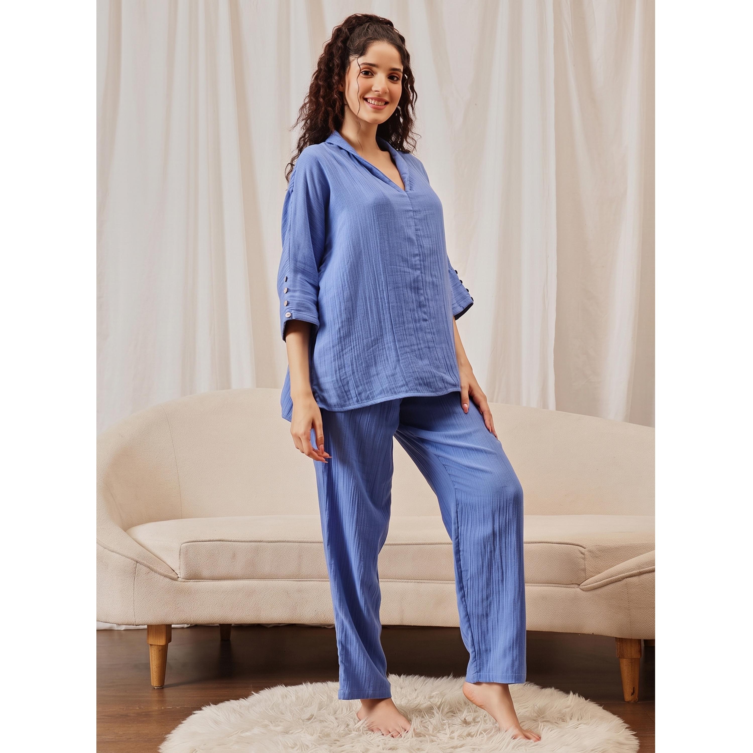 Clovia X Styli Navy Blue Textured Button Details Top and Pants Pyjama Set-women-clothing-nightwear-pyjamas-longsets-image-4