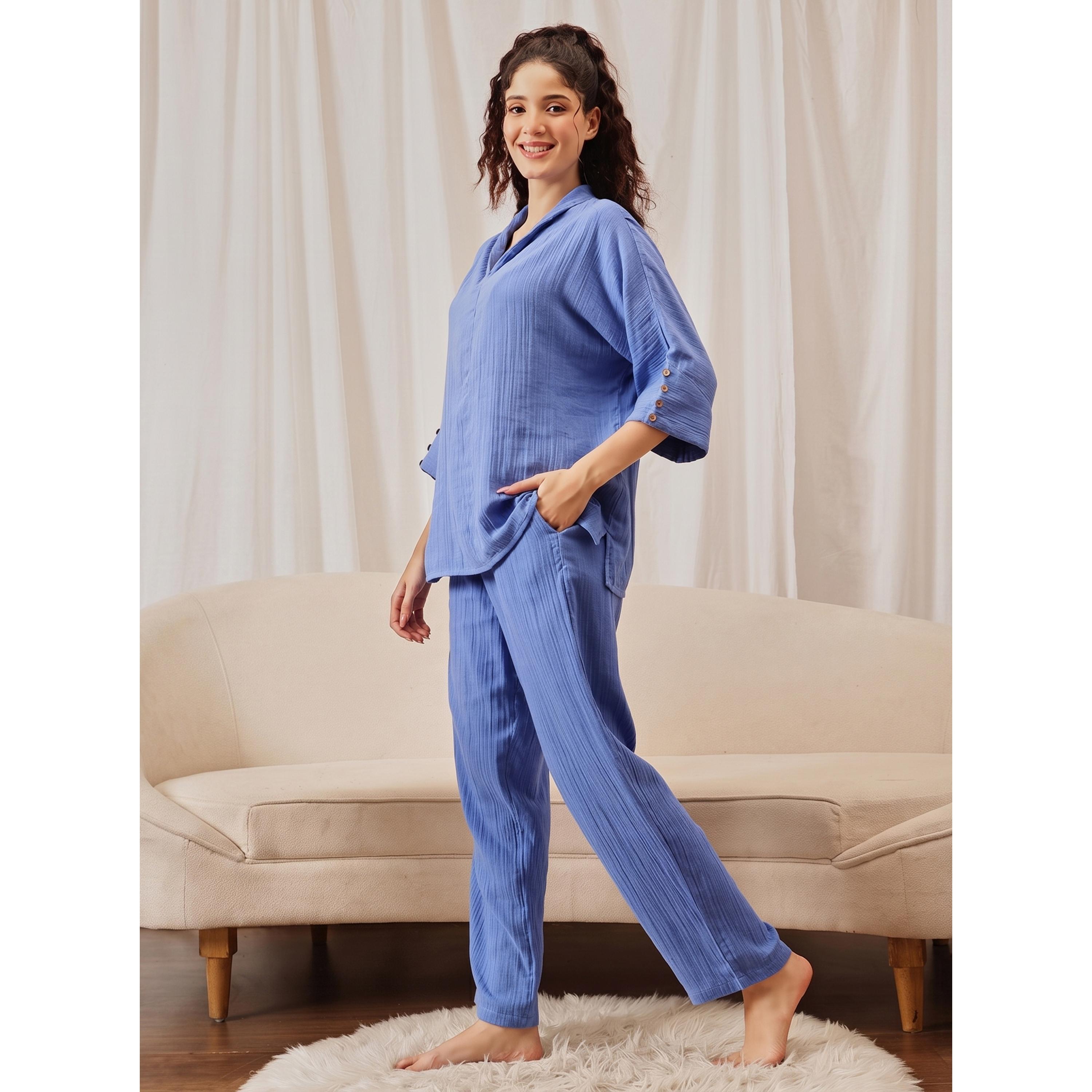 Clovia X Styli Navy Blue Textured Button Details Top and Pants Pyjama Set-women-clothing-nightwear-pyjamas-longsets-image-5