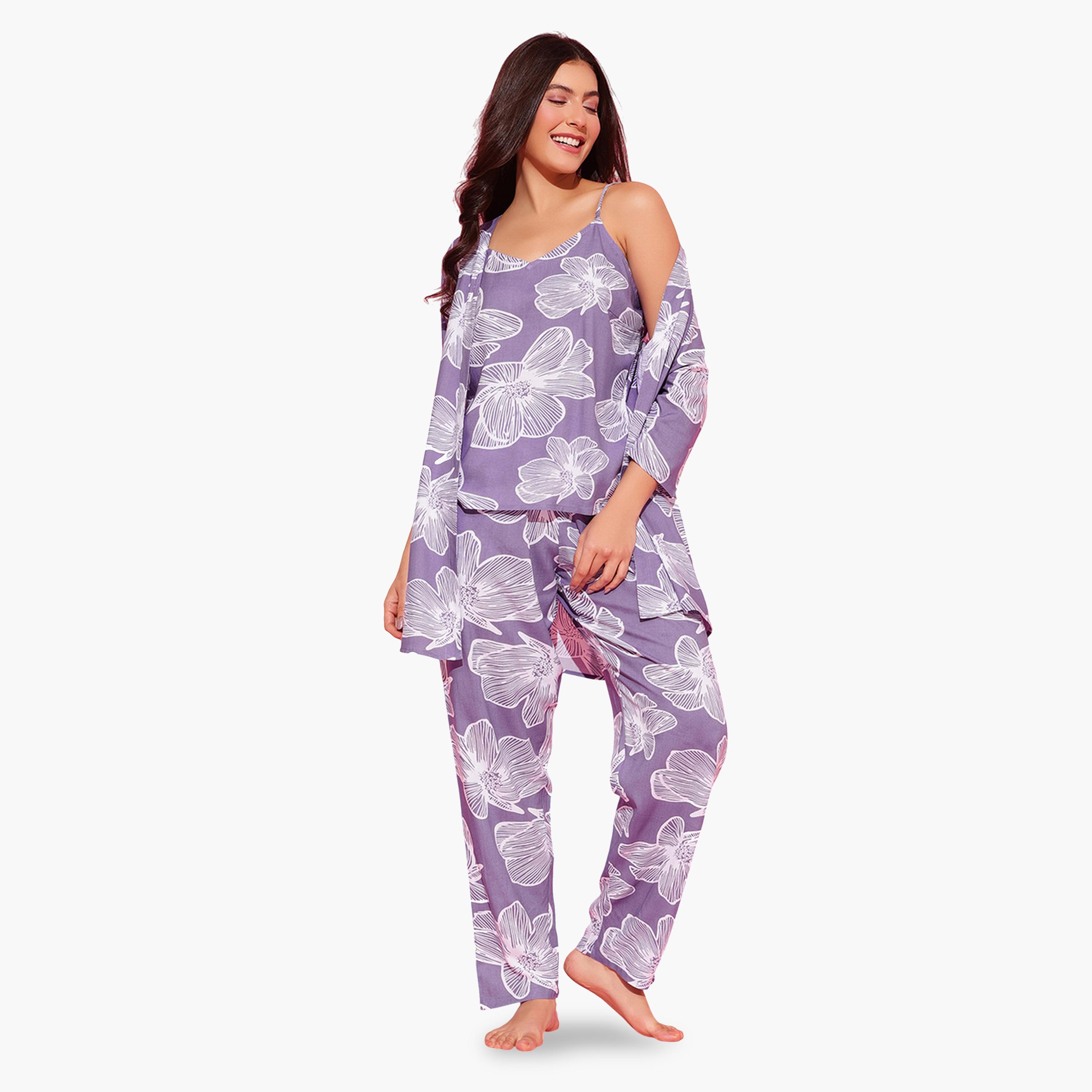 Clovia X Styli Pack of 3 - Light Purple Floral Print Robe, Cami and Pants Pyjama Set-women-clothing-nightwear-pyjamas-longsets-image-1