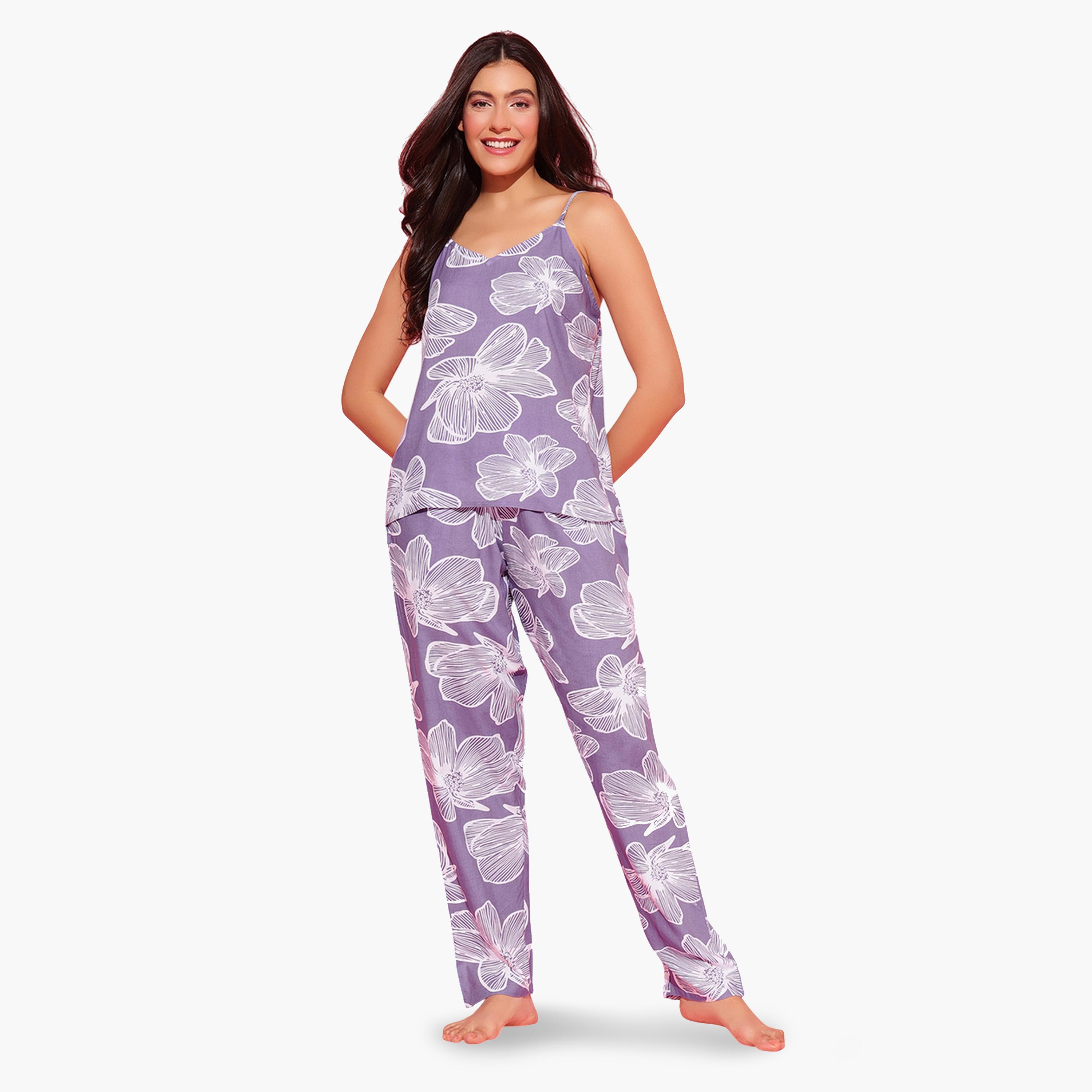 Clovia X Styli Pack of 3 - Light Purple Floral Print Robe, Cami and Pants Pyjama Set-women-clothing-nightwear-pyjamas-longsets-image-2