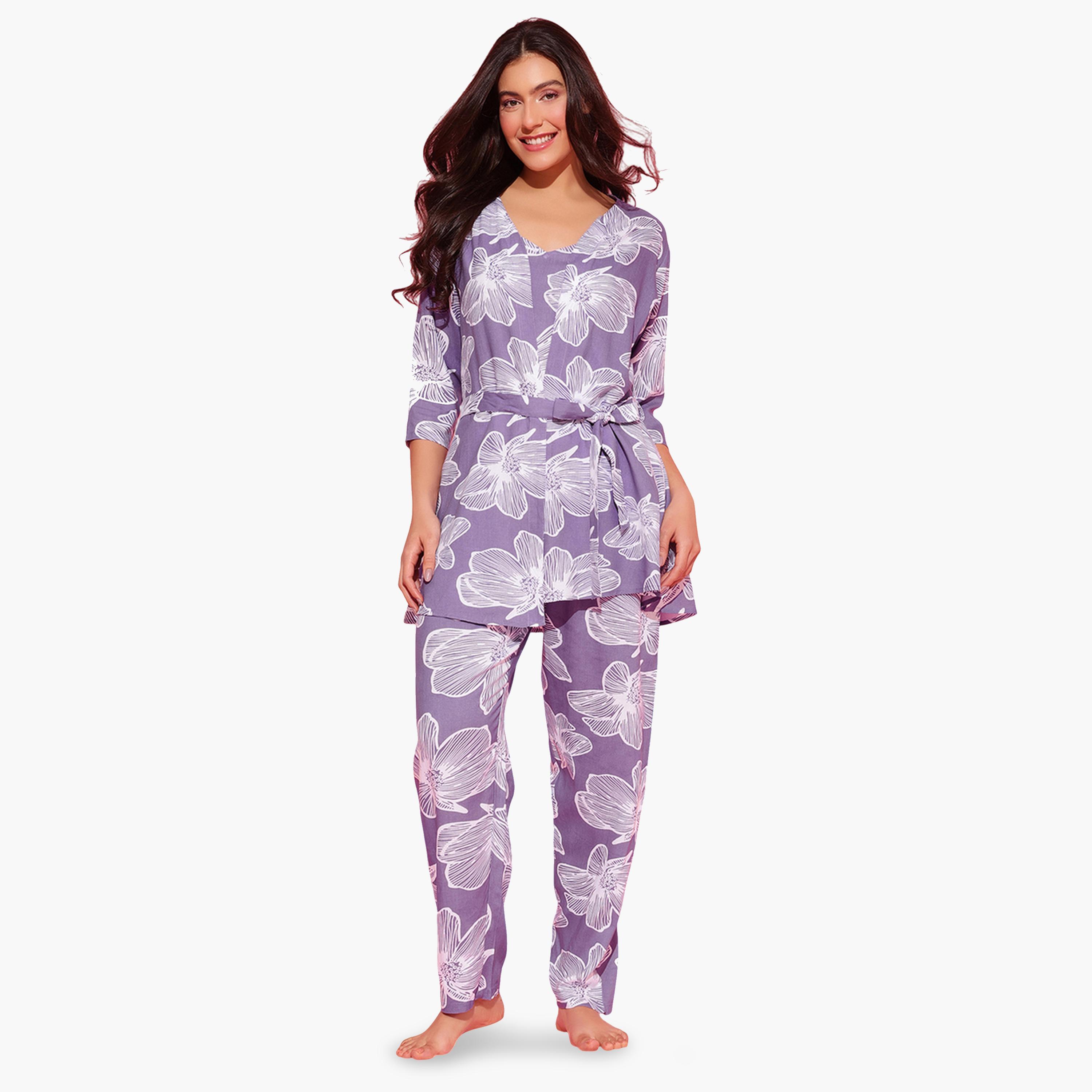 Clovia X Styli Pack of 3 - Light Purple Floral Print Robe, Cami and Pants Pyjama Set-women-clothing-nightwear-pyjamas-longsets-image-3