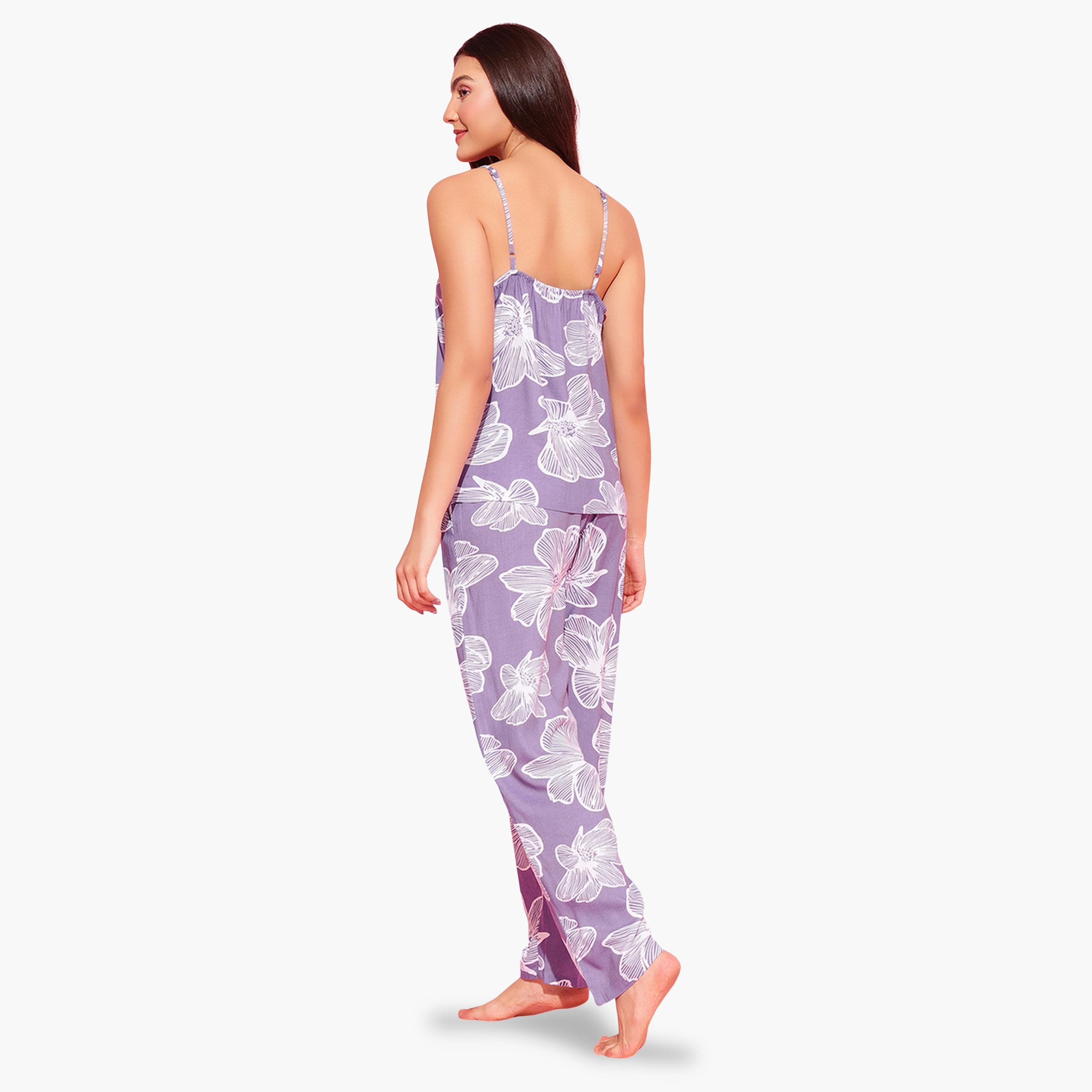 Clovia X Styli Pack of 3 - Light Purple Floral Print Robe, Cami and Pants Pyjama Set-women-clothing-nightwear-pyjamas-longsets-image-4
