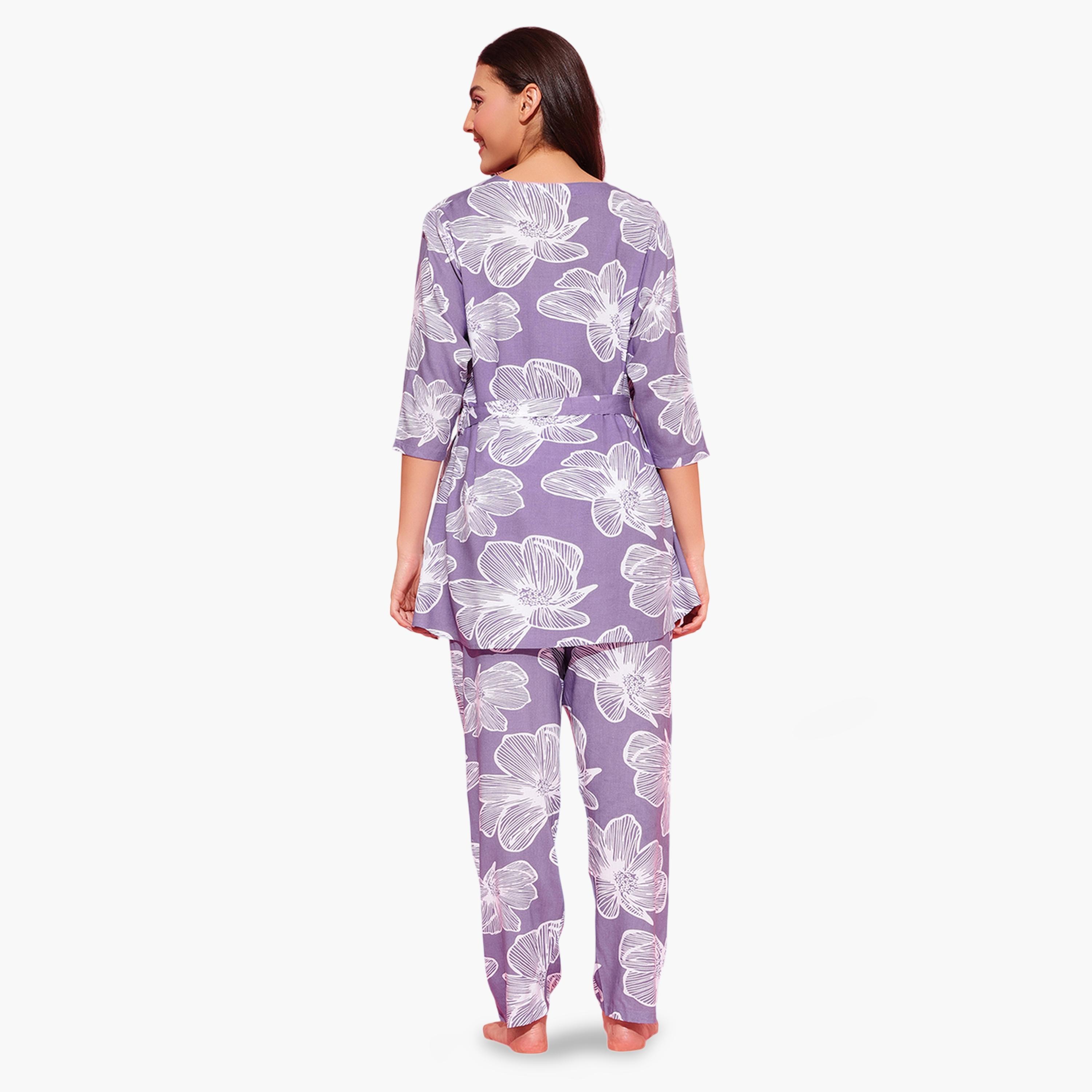 Clovia X Styli Pack of 3 - Light Purple Floral Print Robe, Cami and Pants Pyjama Set-women-clothing-nightwear-pyjamas-longsets-image-5