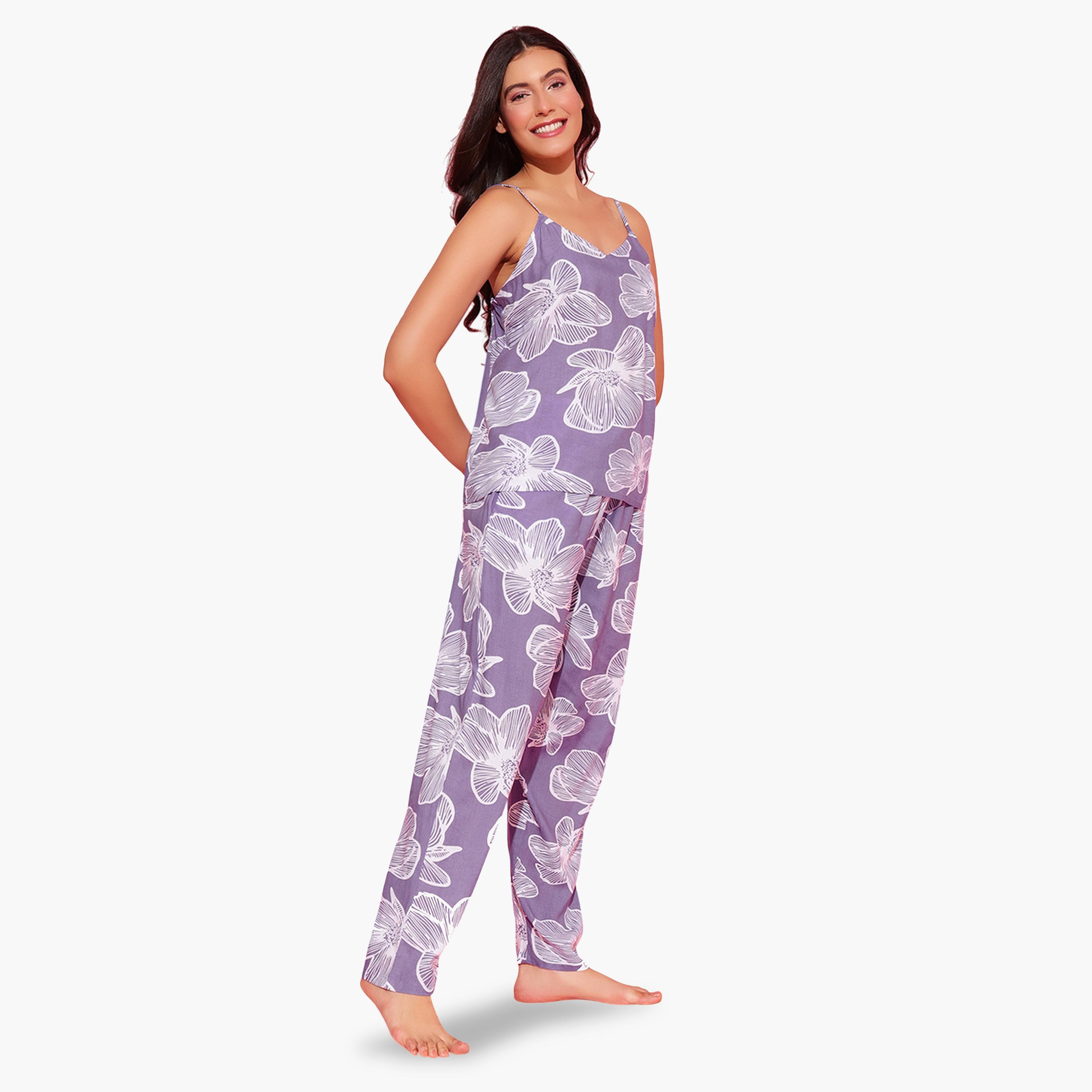 Clovia X Styli Pack of 3 - Light Purple Floral Print Robe, Cami and Pants Pyjama Set-women-clothing-nightwear-pyjamas-longsets-image-6