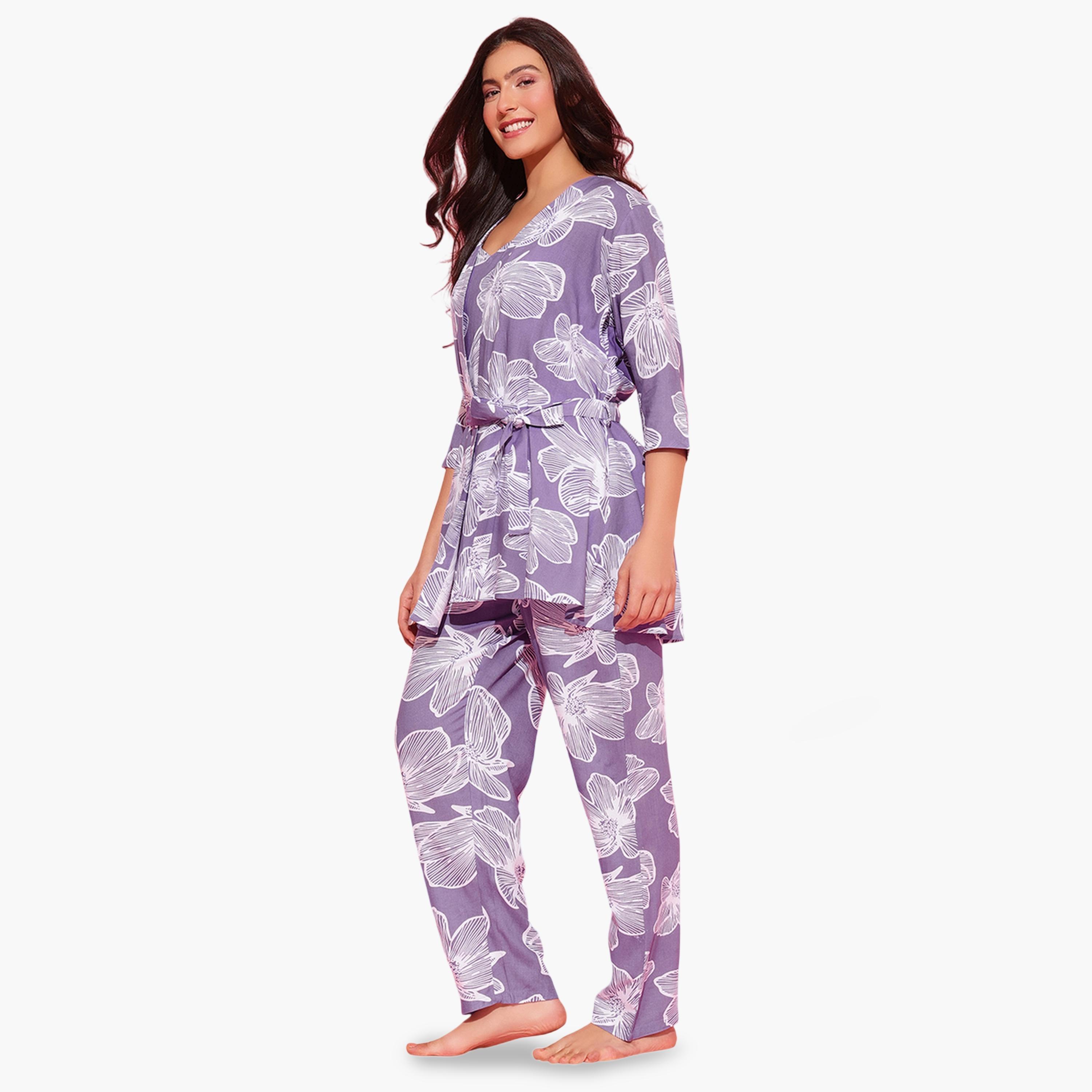 Clovia X Styli Pack of 3 - Light Purple Floral Print Robe, Cami and Pants Pyjama Set-women-clothing-nightwear-pyjamas-longsets-image-7