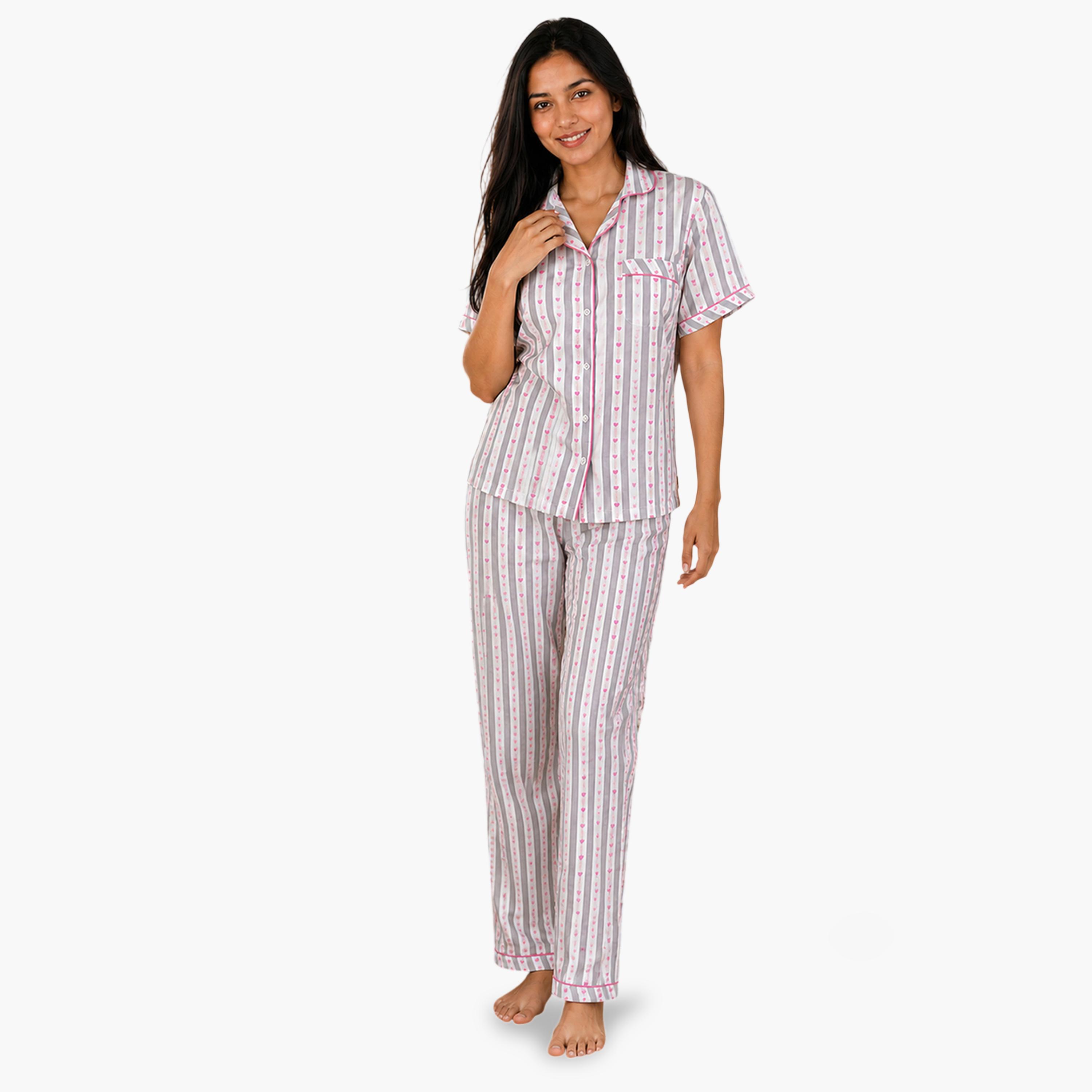 Clovia X Styli White Heart Print Striped Shirt and Pants Pyjama Set-women-clothing-nightwear-pyjamas-longsets-image-1