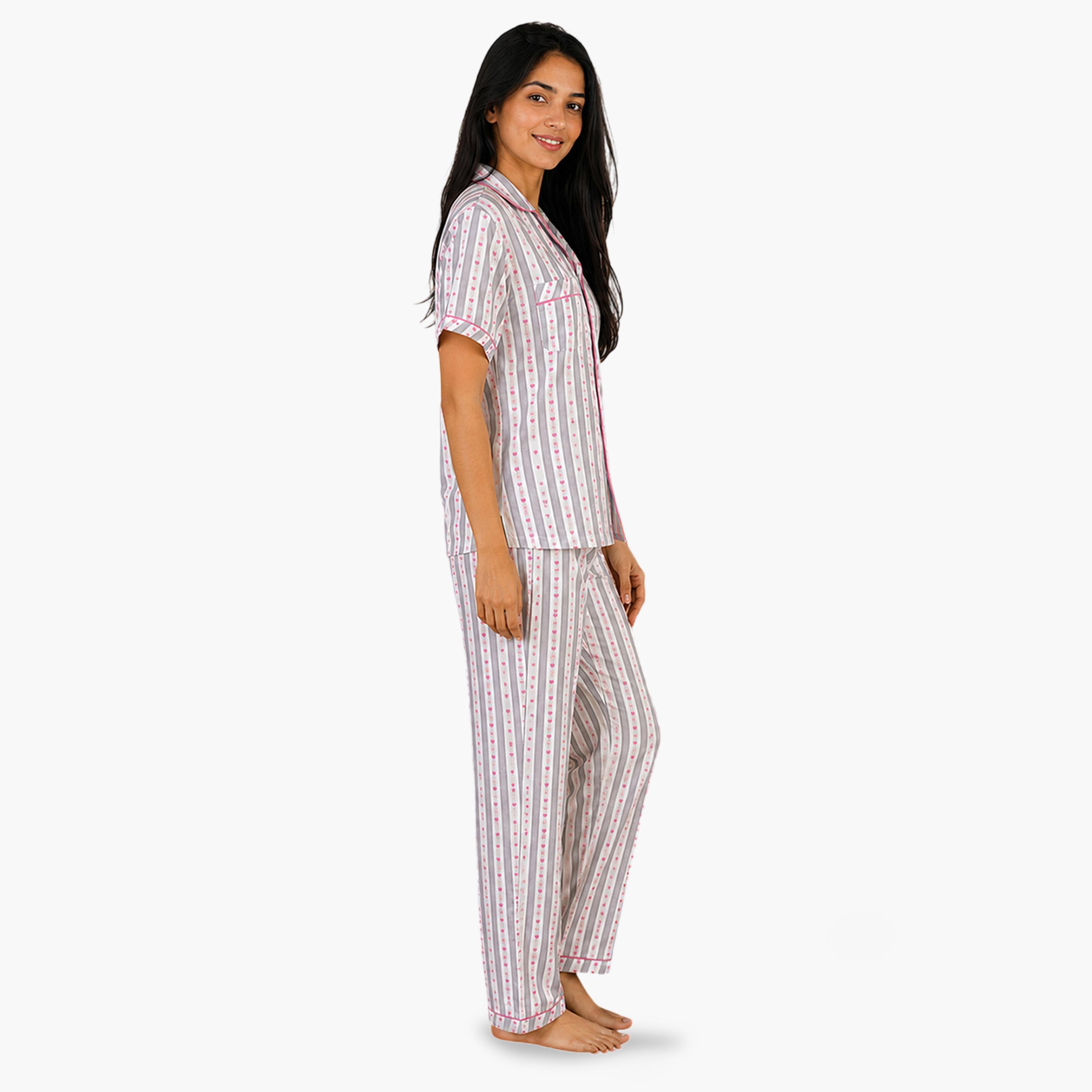 Clovia X Styli White Heart Print Striped Shirt and Pants Pyjama Set-women-clothing-nightwear-pyjamas-longsets-image-2