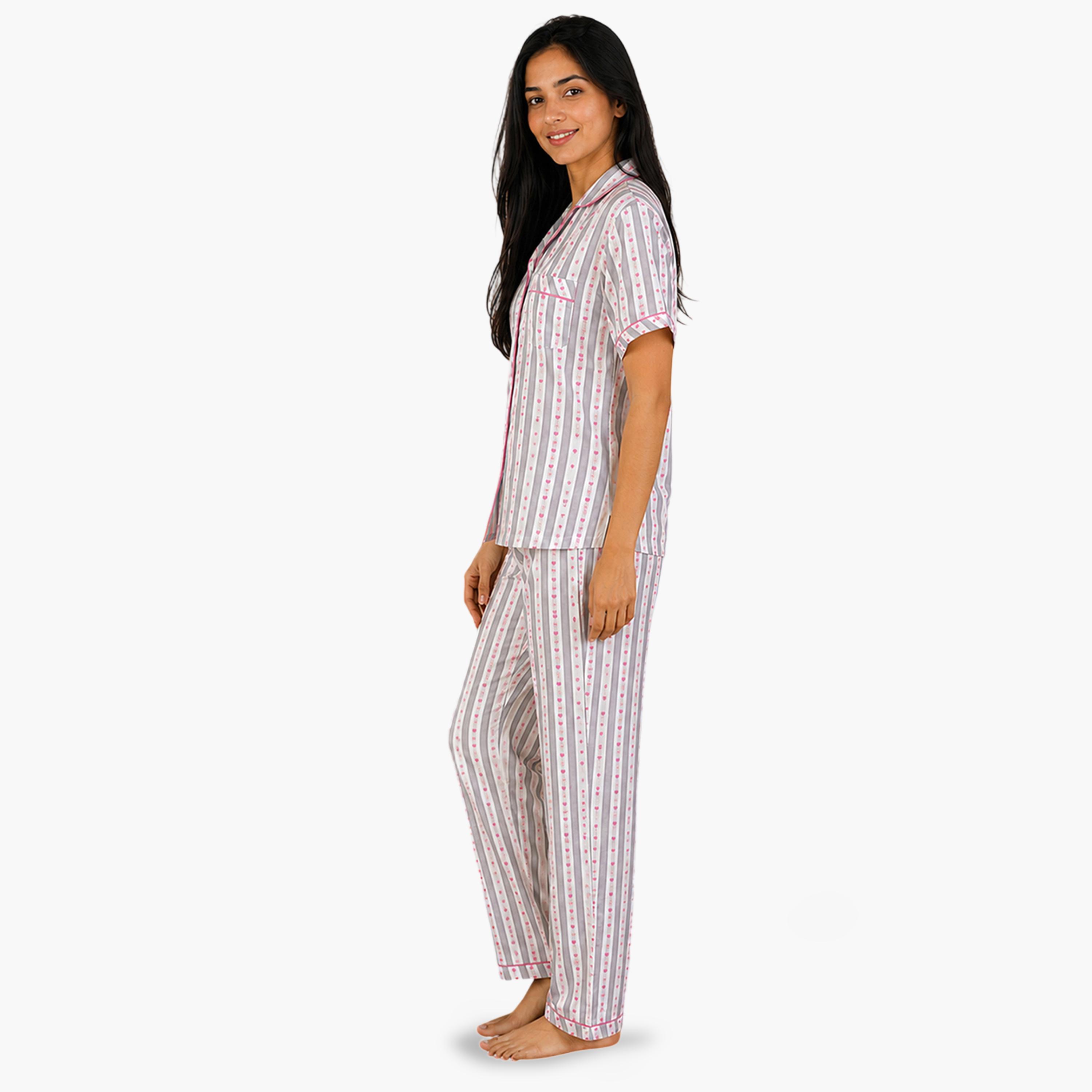 Clovia X Styli White Heart Print Striped Shirt and Pants Pyjama Set-women-clothing-nightwear-pyjamas-longsets-image-3