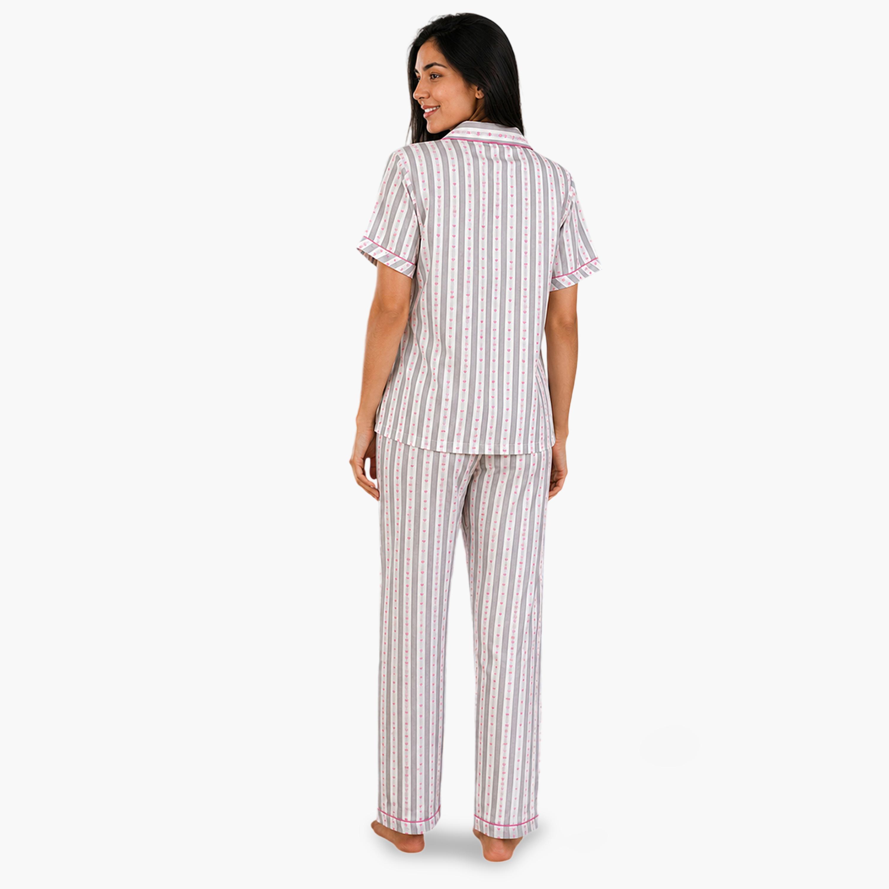 Clovia X Styli White Heart Print Striped Shirt and Pants Pyjama Set-women-clothing-nightwear-pyjamas-longsets-image-4
