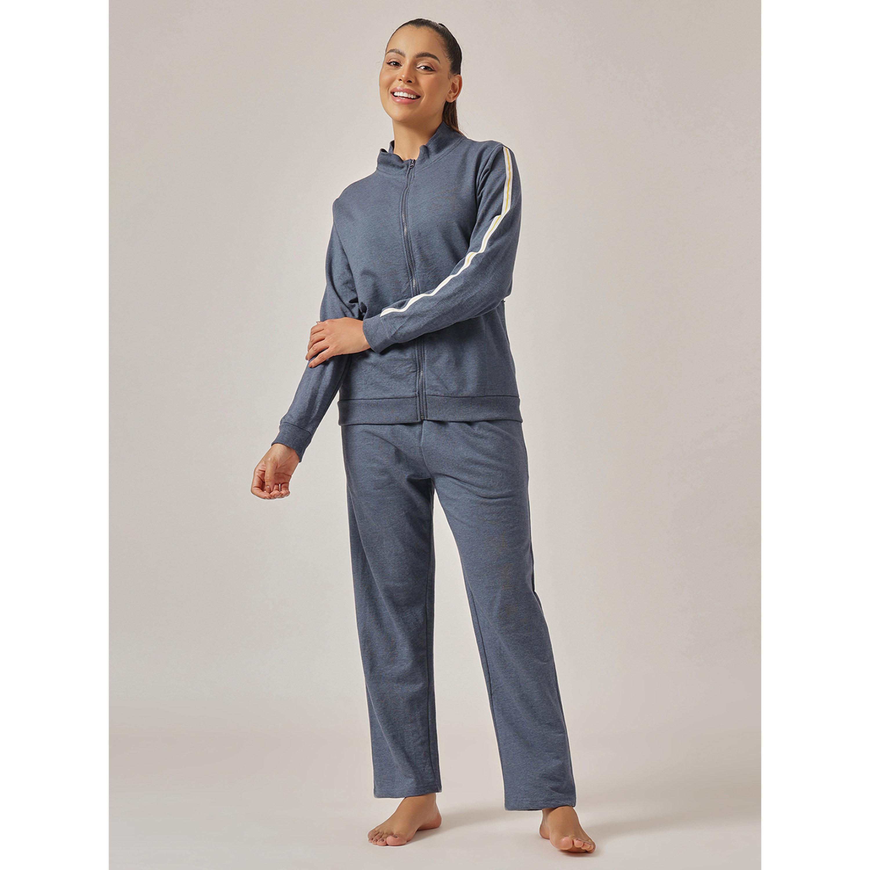 Clovia X Styli Navy Blue Knitted Tracksuit Pyjama Set with Side Stripes-women-clothing-nightwear-pyjamas-longsets-image-1