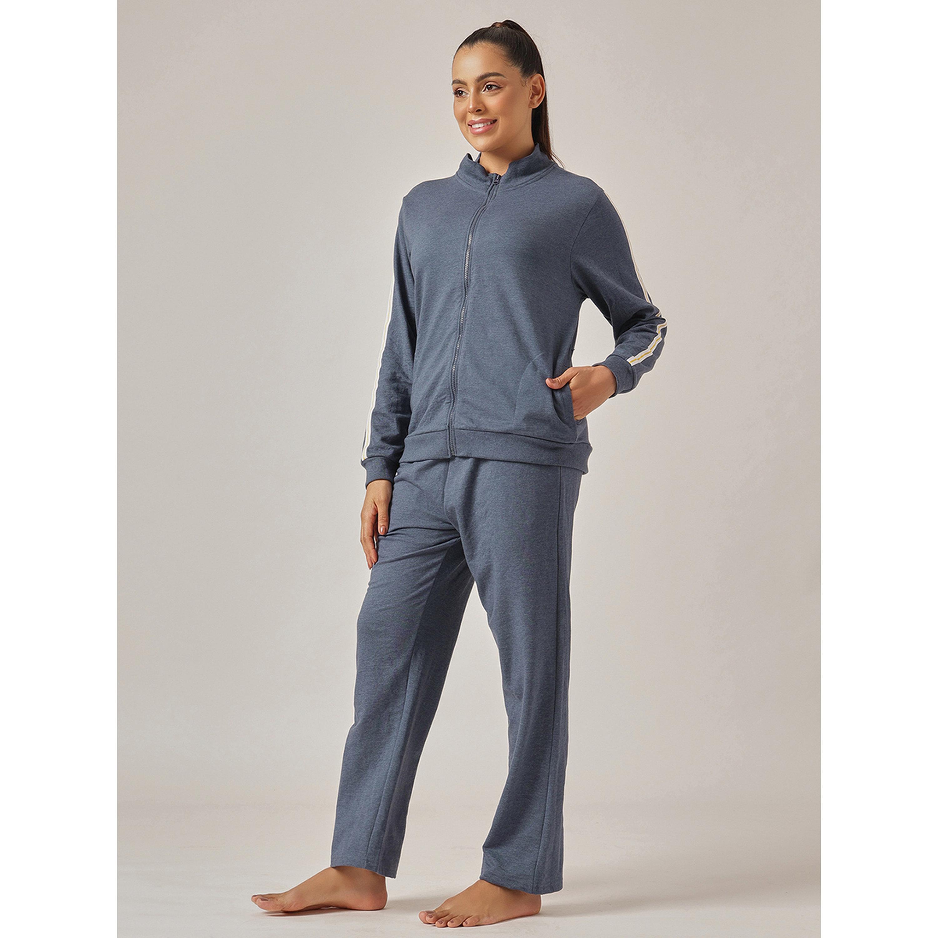 Clovia X Styli Navy Blue Knitted Tracksuit Pyjama Set with Side Stripes-women-clothing-nightwear-pyjamas-longsets-image-3