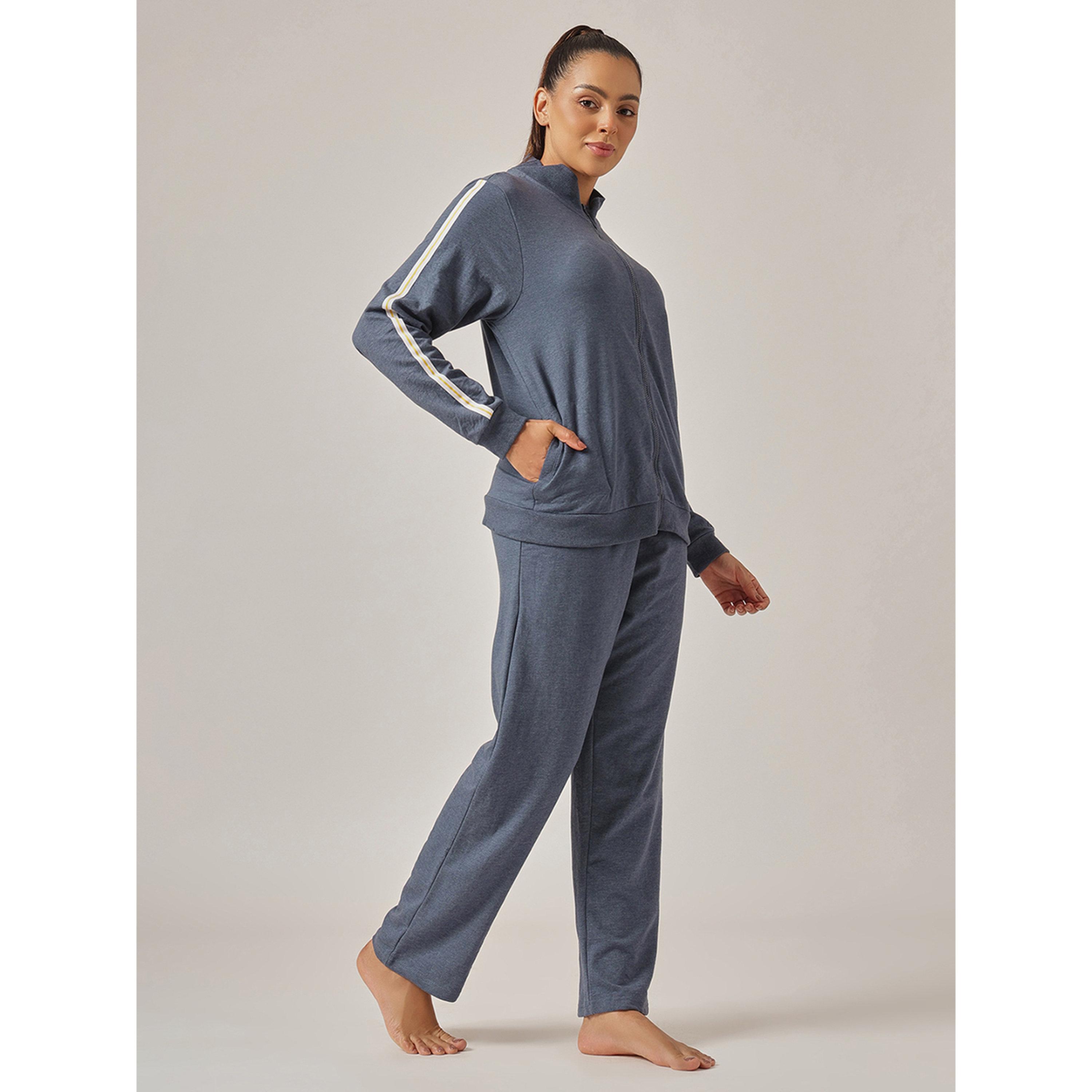 Clovia X Styli Navy Blue Knitted Tracksuit Pyjama Set with Side Stripes-women-clothing-nightwear-pyjamas-longsets-image-4