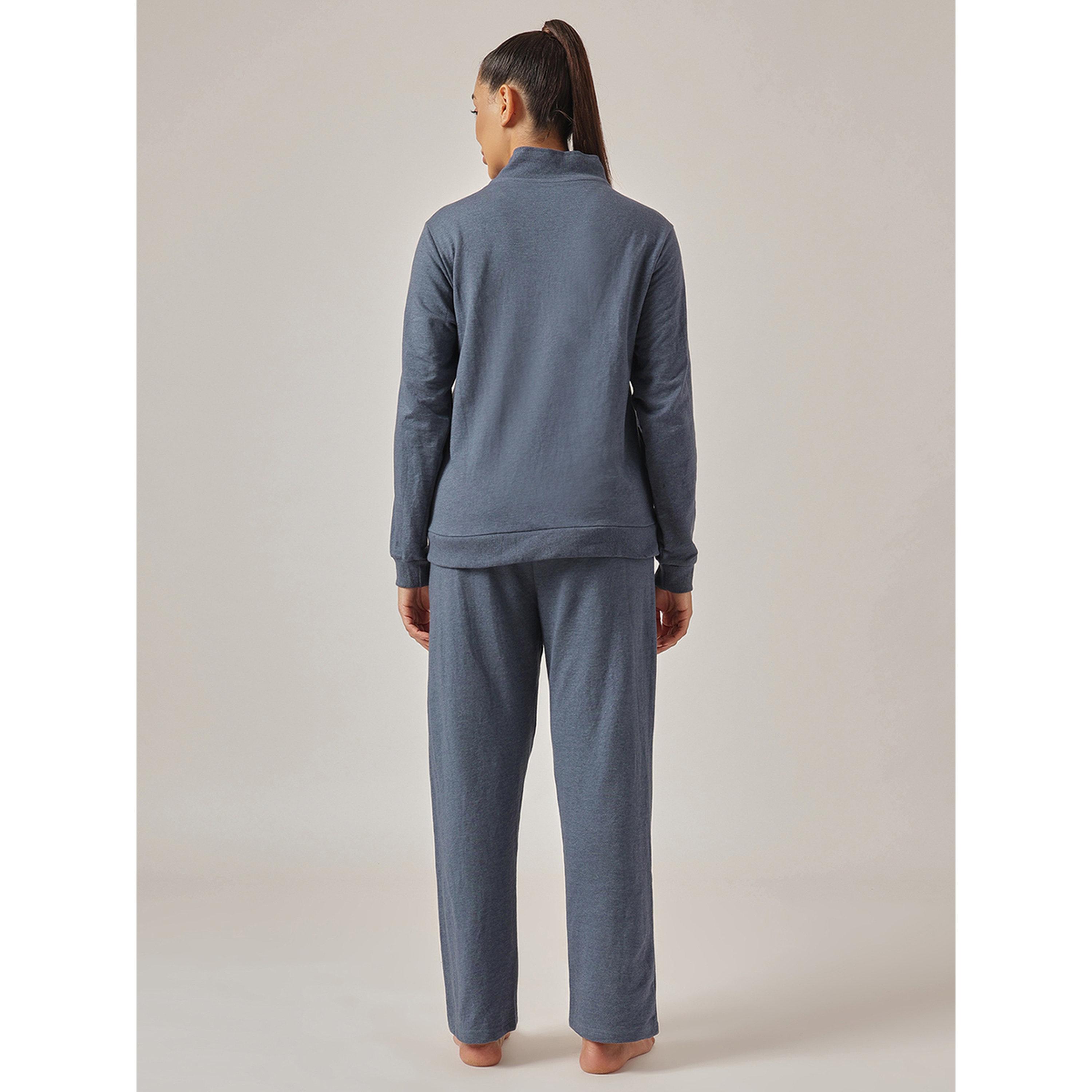 Clovia X Styli Navy Blue Knitted Tracksuit Pyjama Set with Side Stripes-women-clothing-nightwear-pyjamas-longsets-image-5