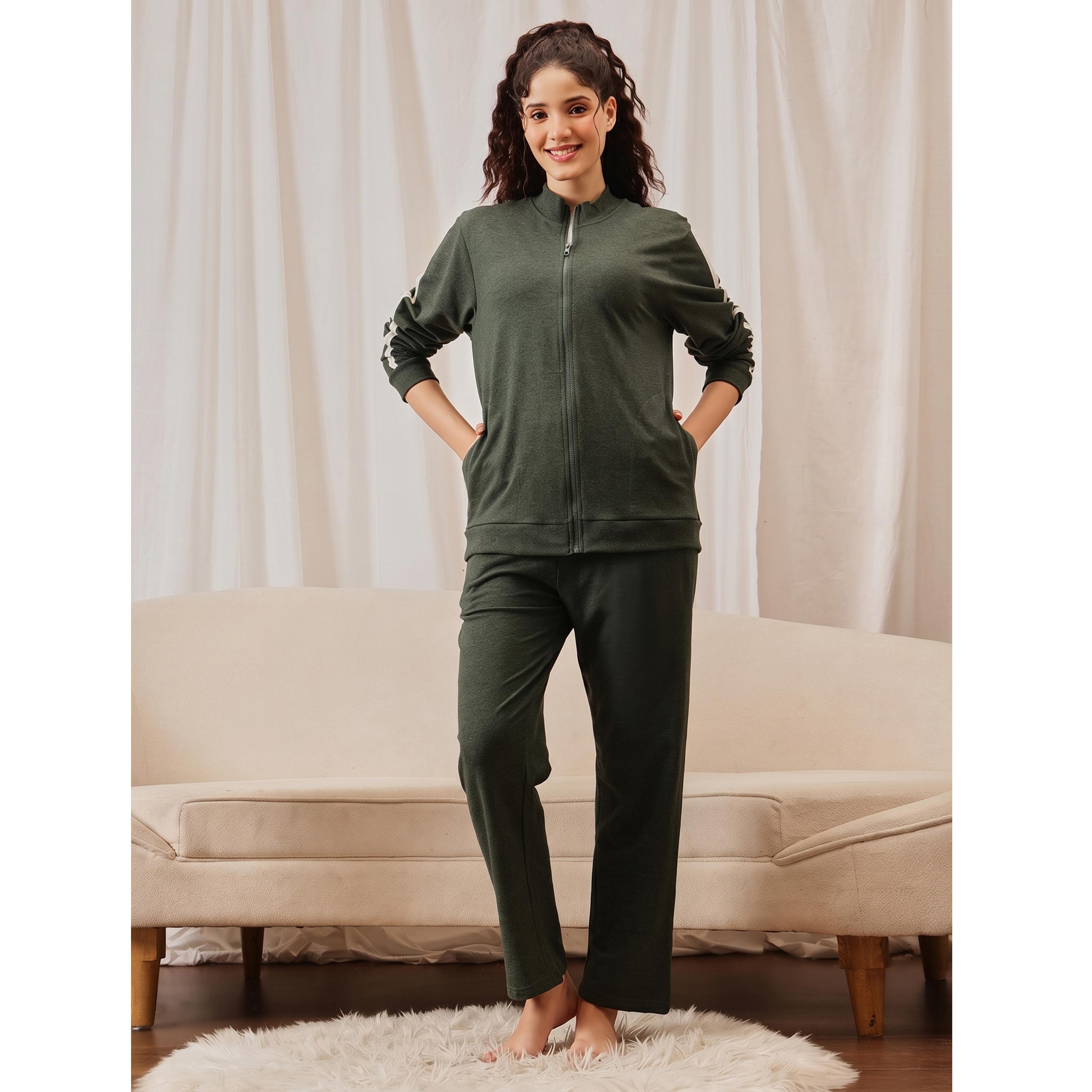 Clovia X Styli Green Cotton Side Stripe Tracksuit Loungewear Set-women-clothing-nightwear-pyjamas-longsets-image-1