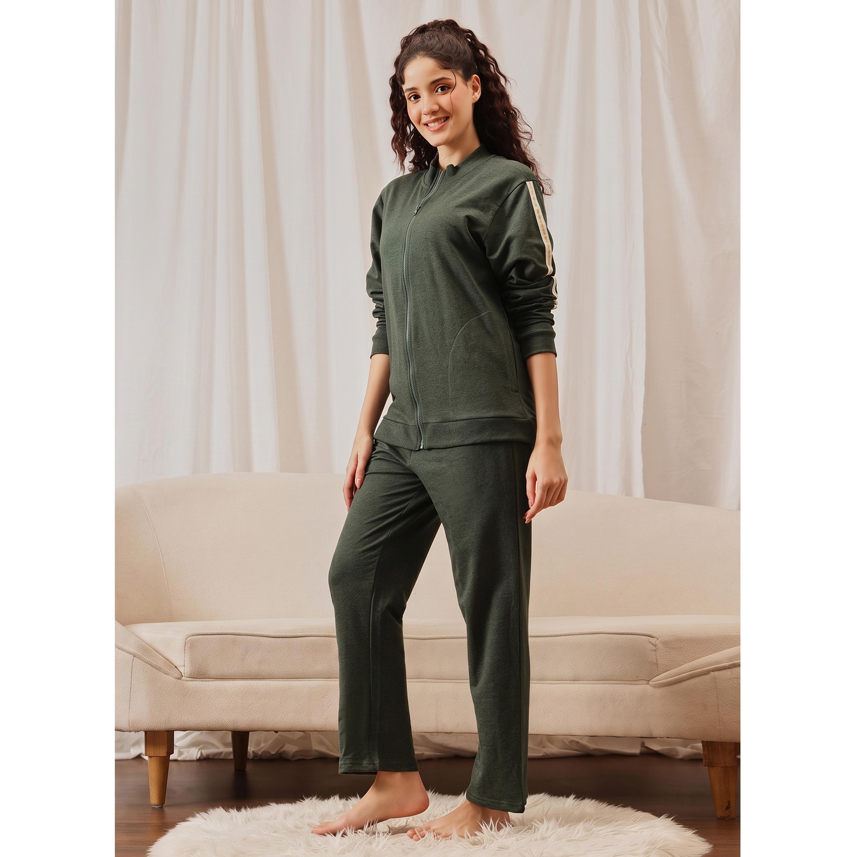 Clovia X Styli Green Cotton Side Stripe Tracksuit Loungewear Set-women-clothing-nightwear-pyjamas-longsets-image-2