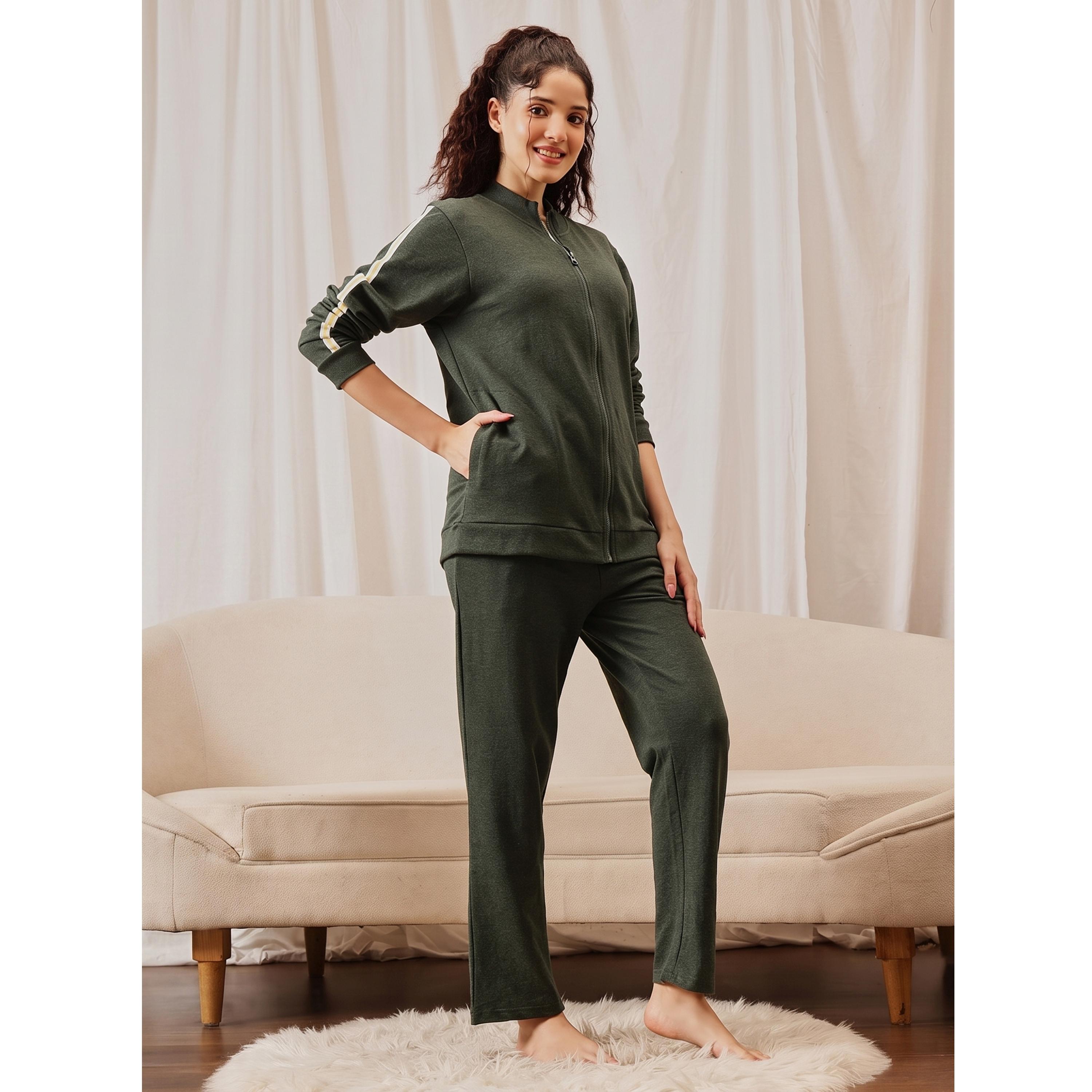 Clovia X Styli Green Cotton Side Stripe Tracksuit Loungewear Set-women-clothing-nightwear-pyjamas-longsets-image-3