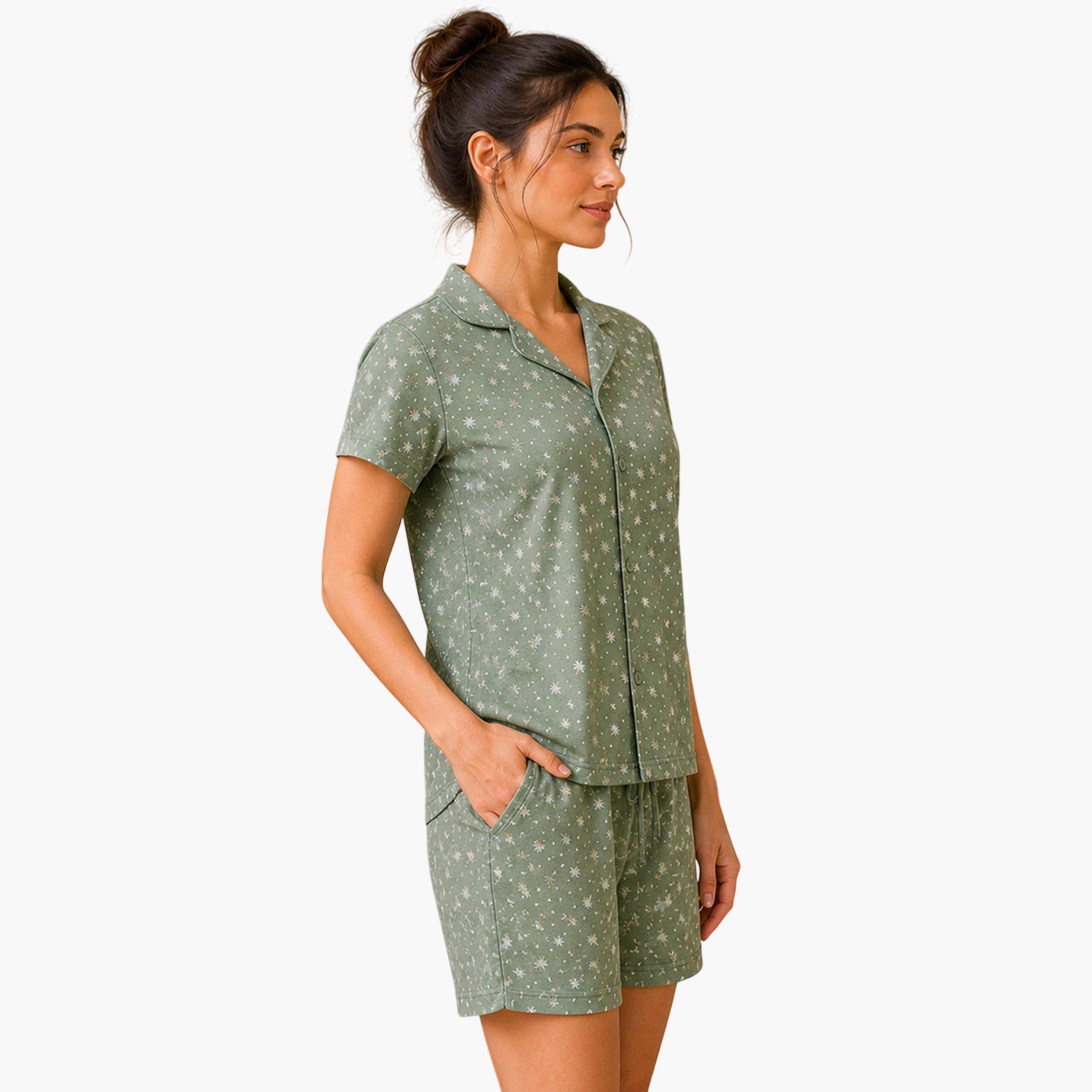 طقم بيجاما من شورت وبلوزة وطبعة زهور-women-clothing-nightwear-pyjamas-shortsets-image-2