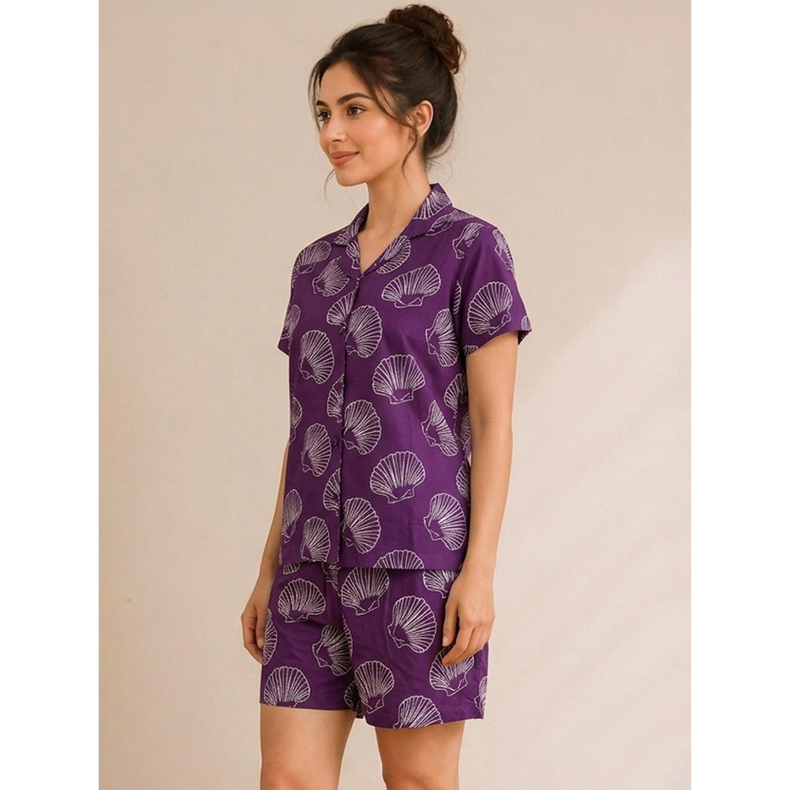 طقم بيجاما من شورت وقميص بطبعة صدفة البحر-women-clothing-nightwear-pyjamas-shortsets-image-3