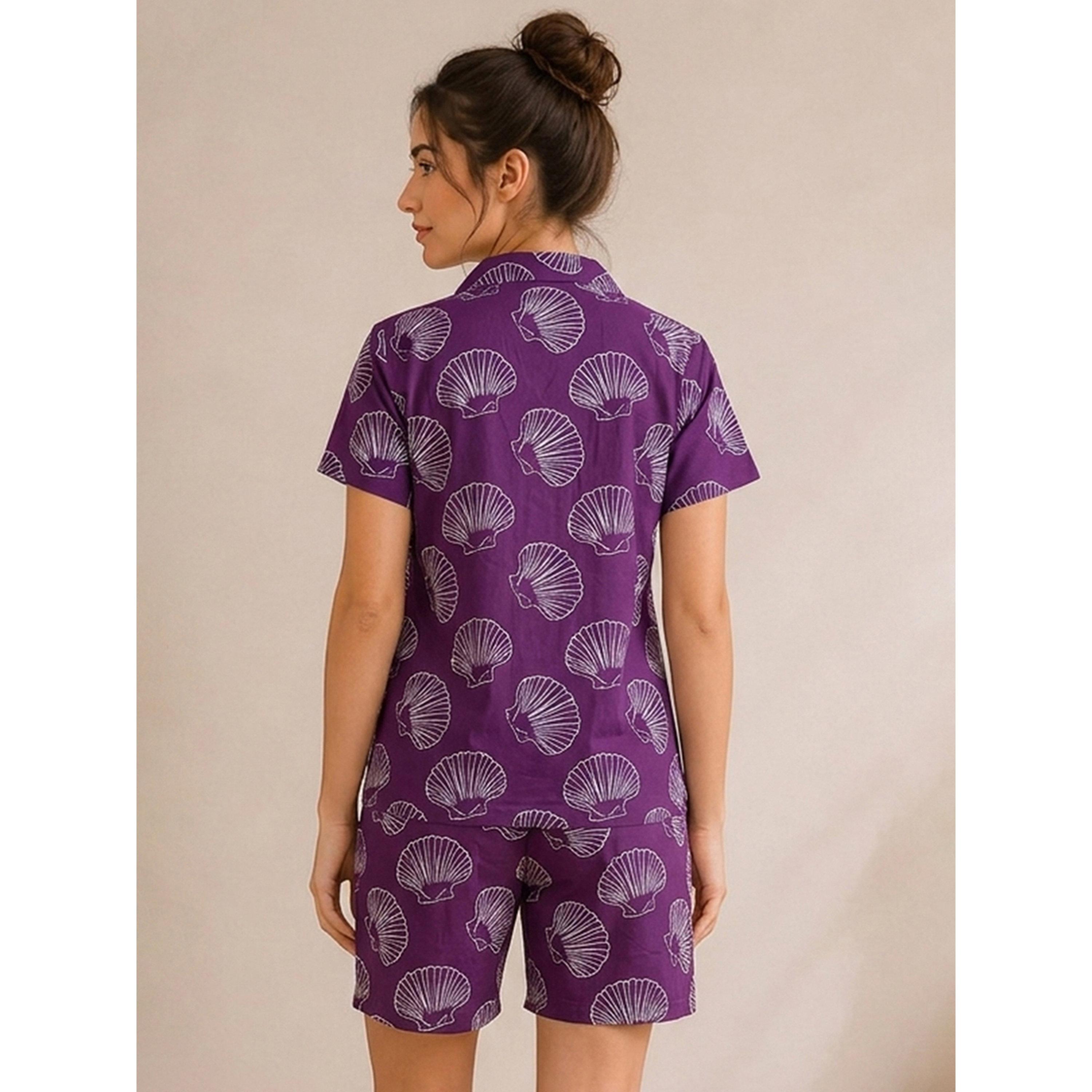 طقم بيجاما من شورت وقميص بطبعة صدفة البحر-women-clothing-nightwear-pyjamas-shortsets-image-4