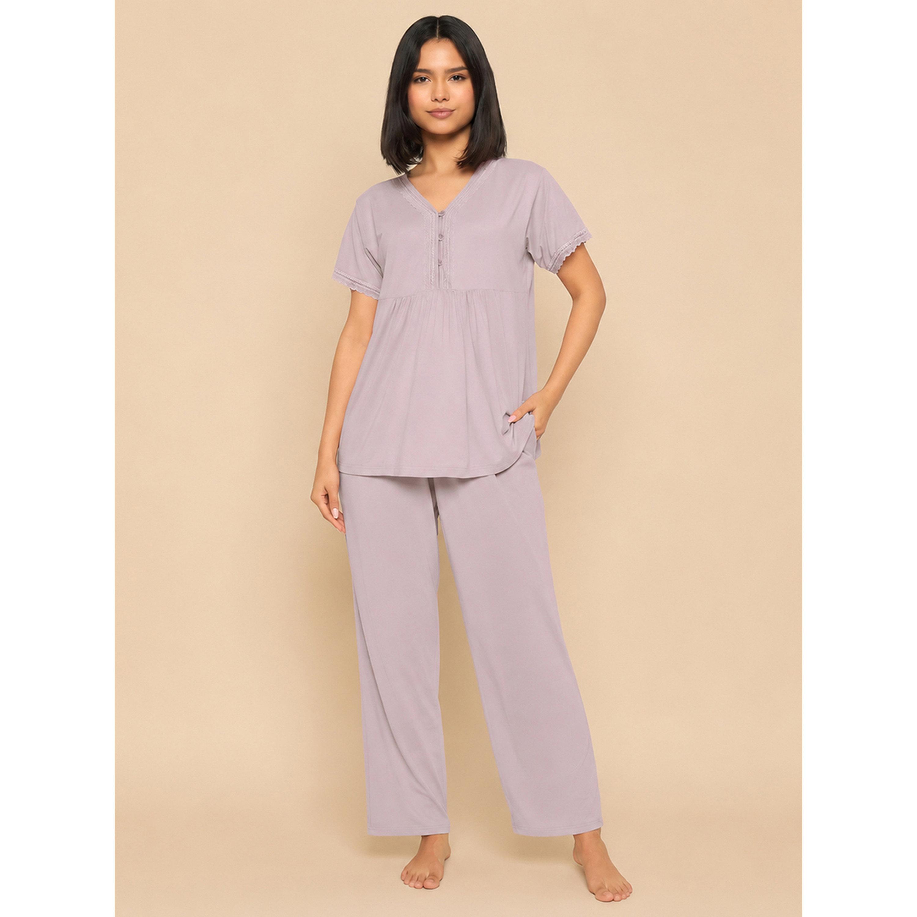 طقم بيجاما من بنطال وبلوزة بيبلم وتفاصيل دانتيل-women-clothing-nightwear-pyjamas-longsets-image-1