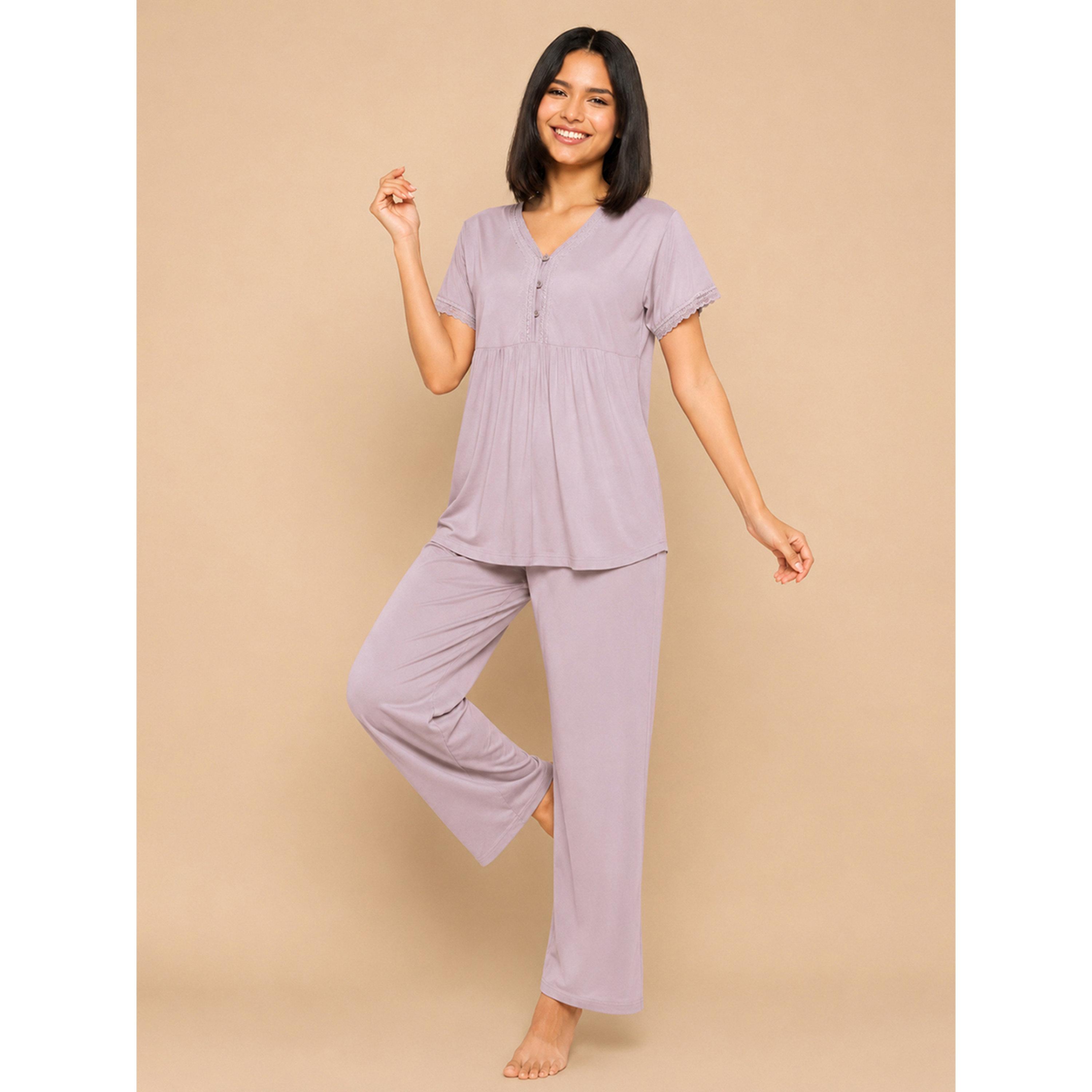 طقم بيجاما من بنطال وبلوزة بيبلم وتفاصيل دانتيل-women-clothing-nightwear-pyjamas-longsets-image-4