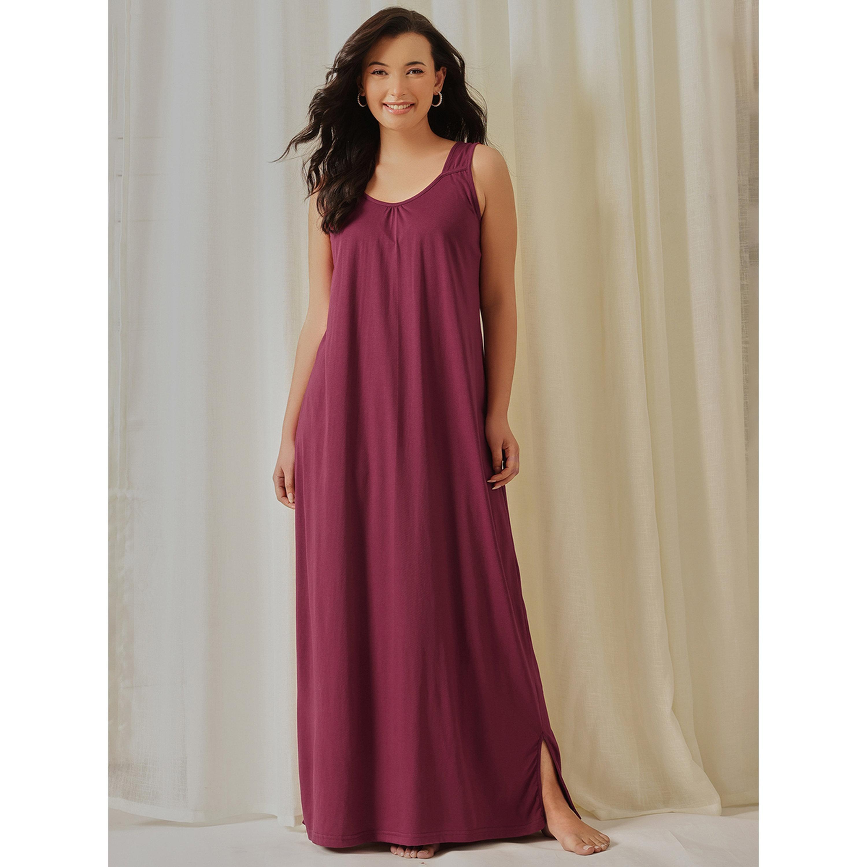 قميص نوم بمزيج القطن وفتحة جانبية باللون العنابي-women-clothing-nightwear-nighties-image-1