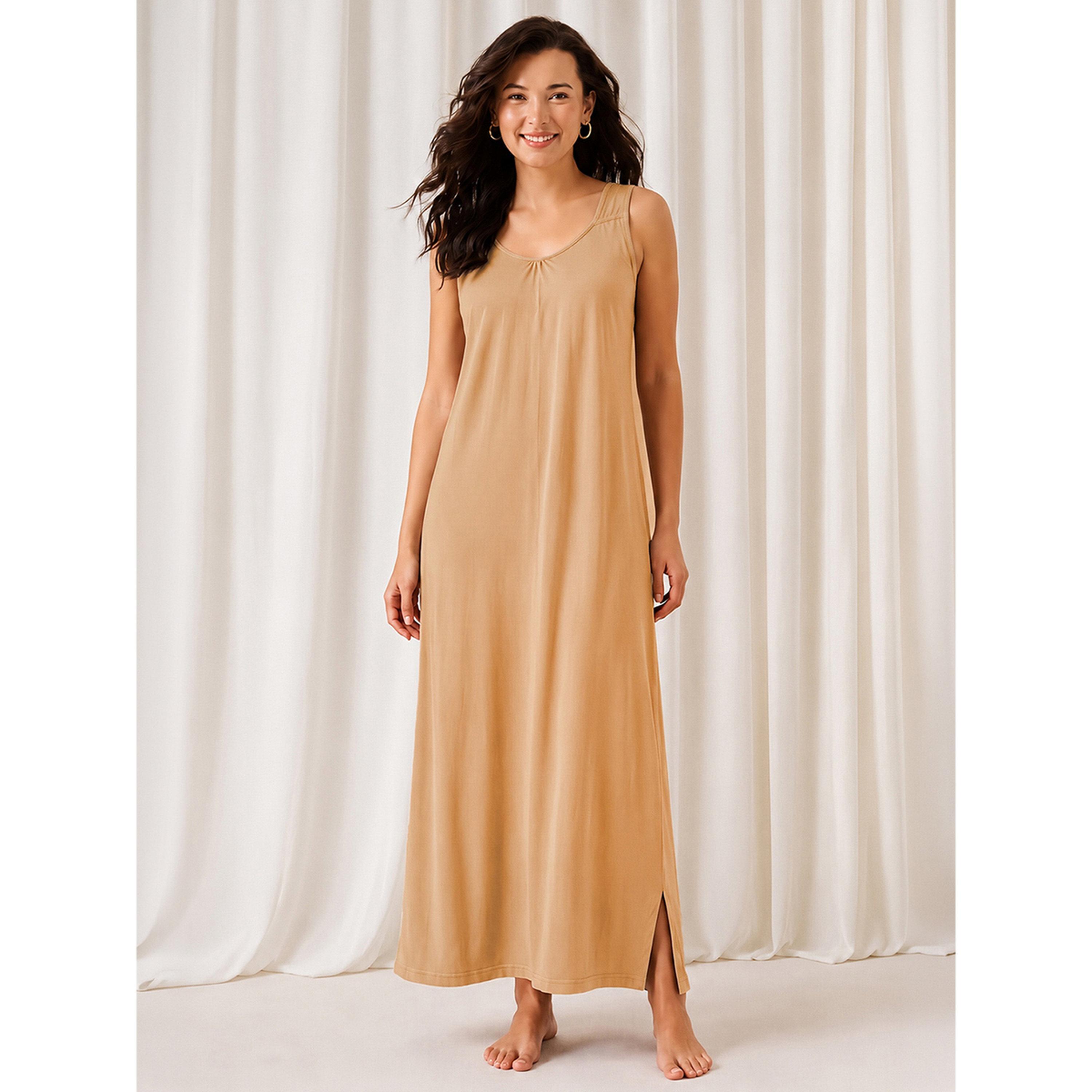 Clovia X Styli Nude Cotton Blend Nightdress with Side Slit-women-clothing-nightwear-nighties-image-1