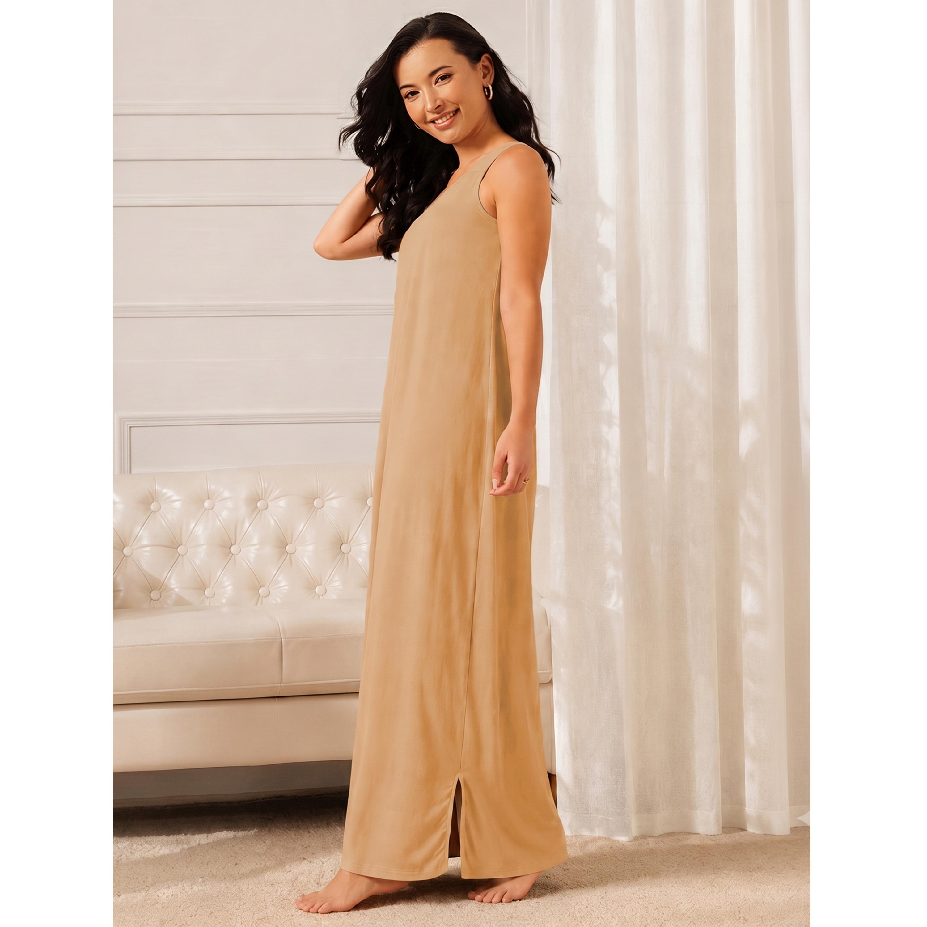 Clovia X Styli Nude Cotton Blend Nightdress with Side Slit-women-clothing-nightwear-nighties-image-2