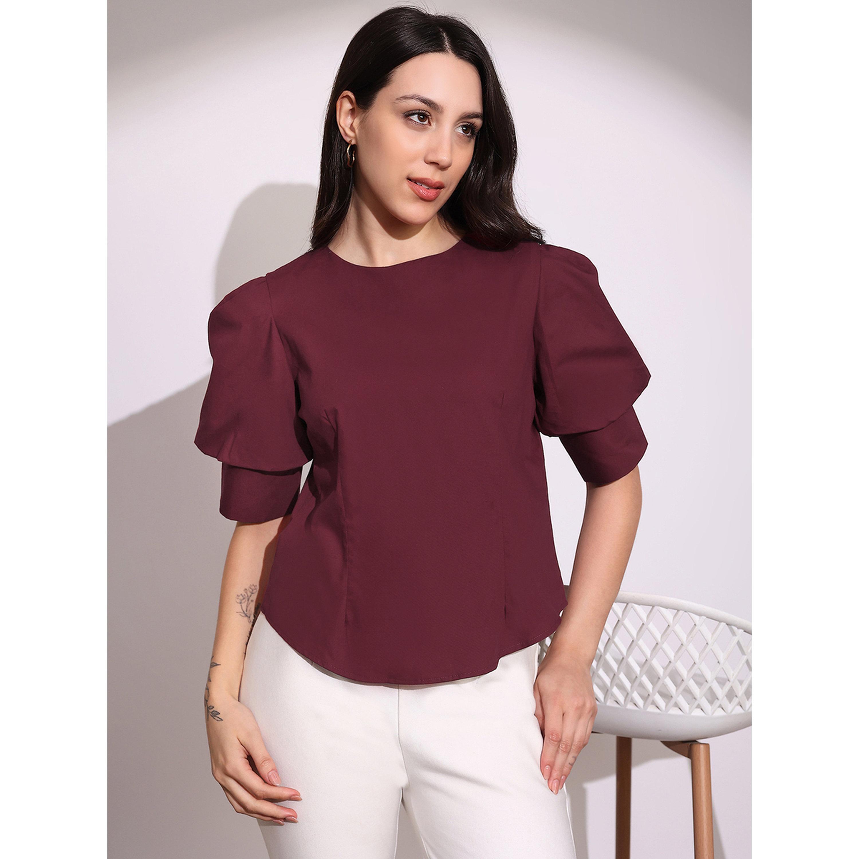 Globus X Styli Maroon Puff Sleeve Blouse with Round Neck-women-clothing-shirtsandblouses-blouses-image-1