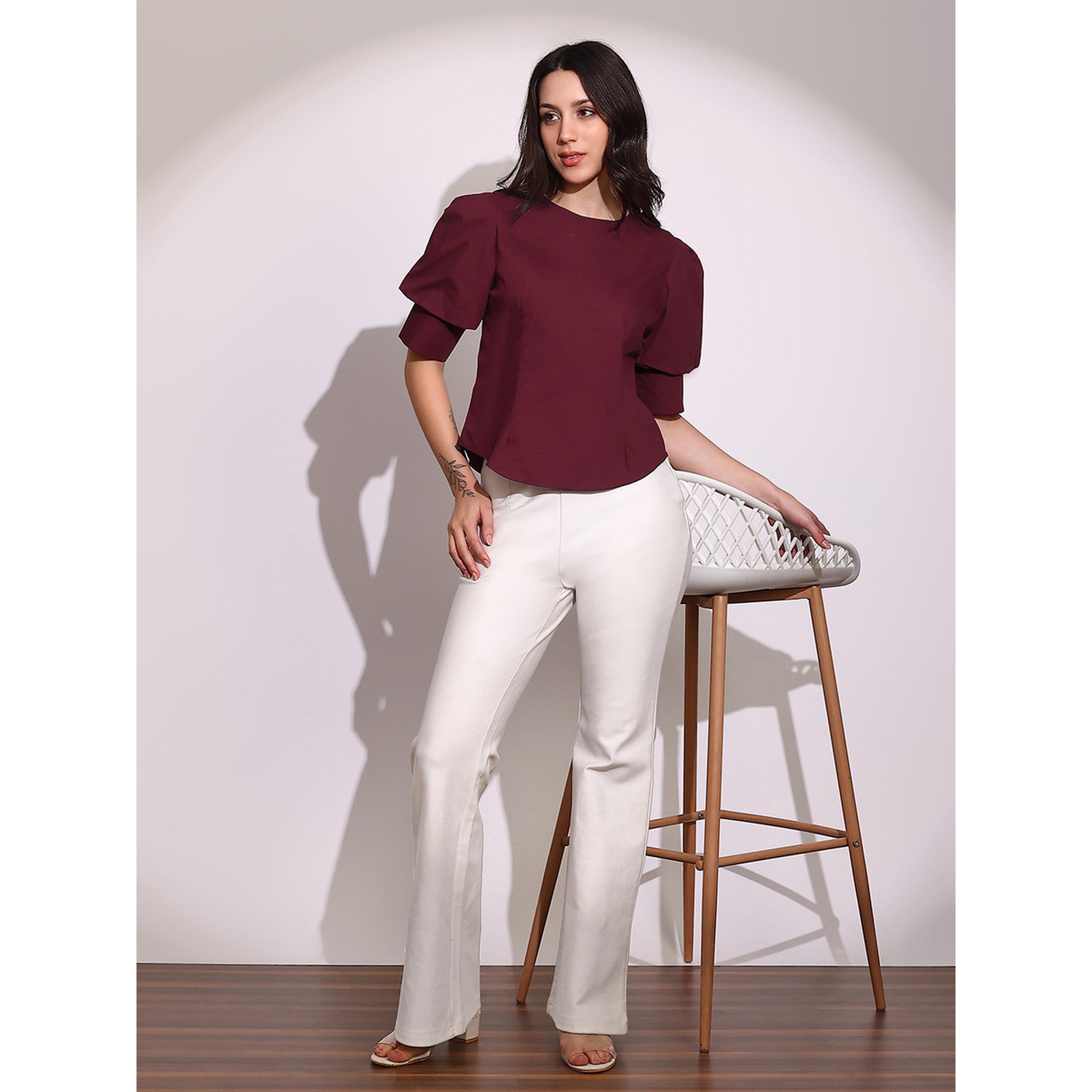 Globus X Styli Maroon Puff Sleeve Blouse with Round Neck-women-clothing-shirtsandblouses-blouses-image-2