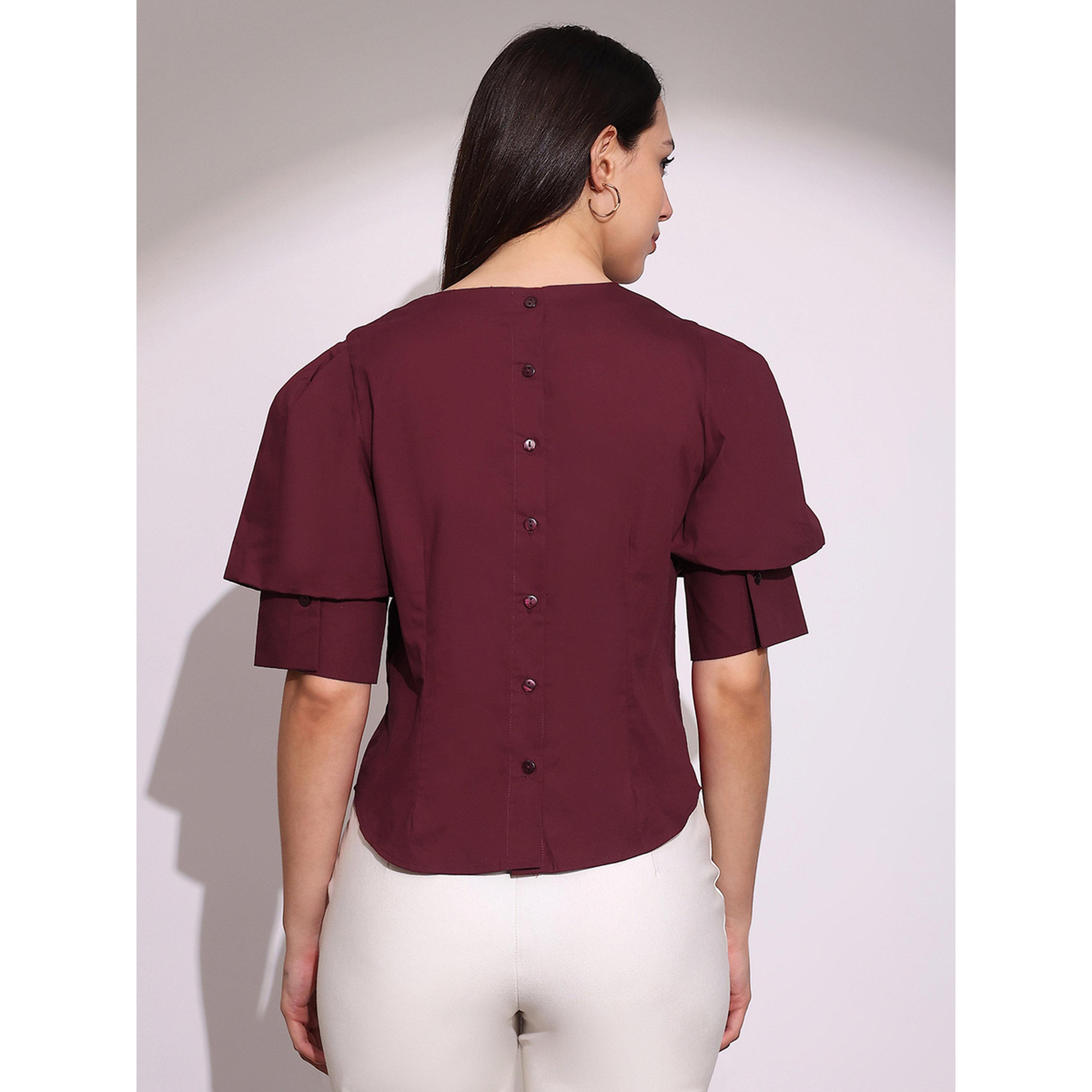 Globus X Styli Maroon Puff Sleeve Blouse with Round Neck-women-clothing-shirtsandblouses-blouses-image-3