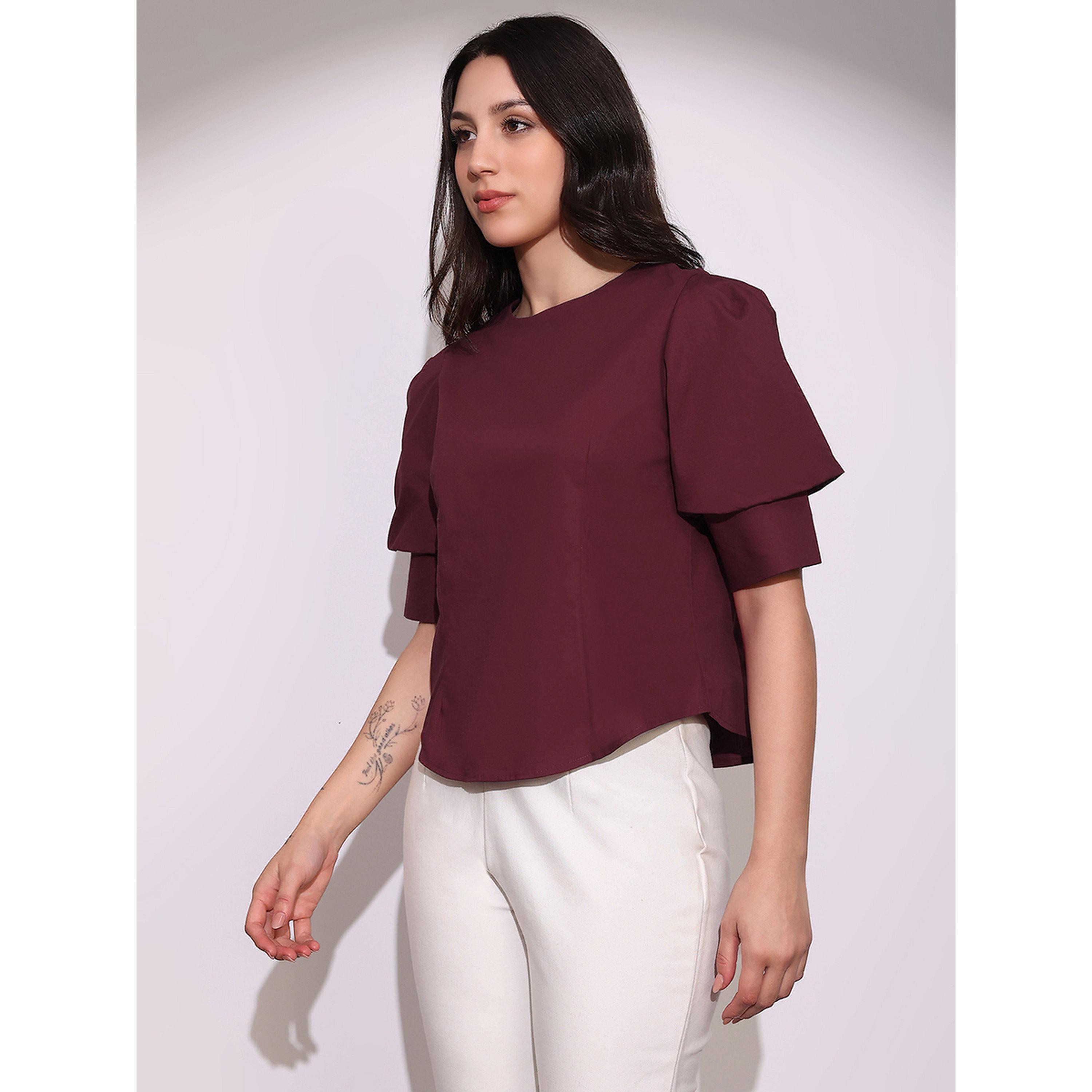Globus X Styli Maroon Puff Sleeve Blouse with Round Neck-women-clothing-shirtsandblouses-blouses-image-4