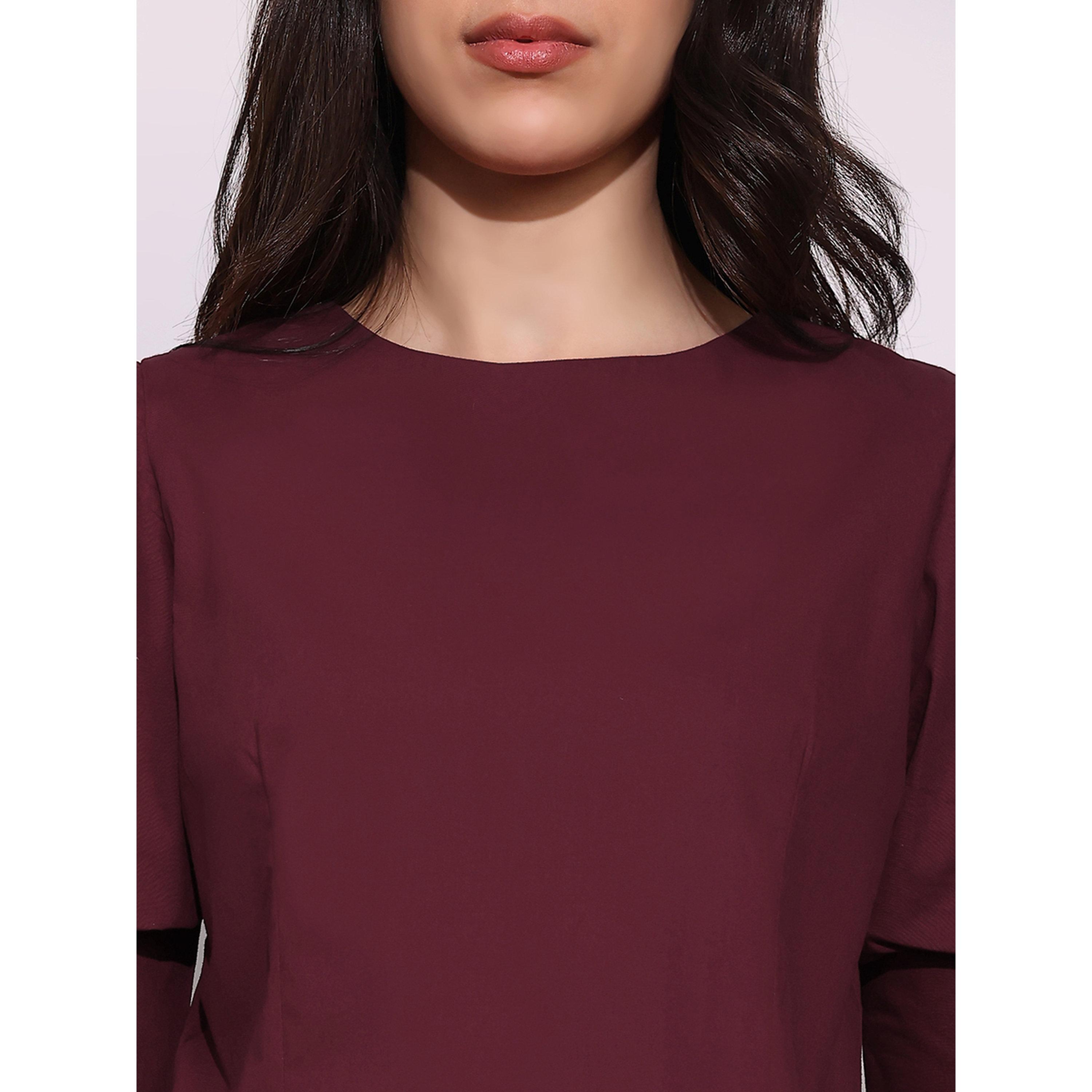 Globus X Styli Maroon Puff Sleeve Blouse with Round Neck-women-clothing-shirtsandblouses-blouses-image-5