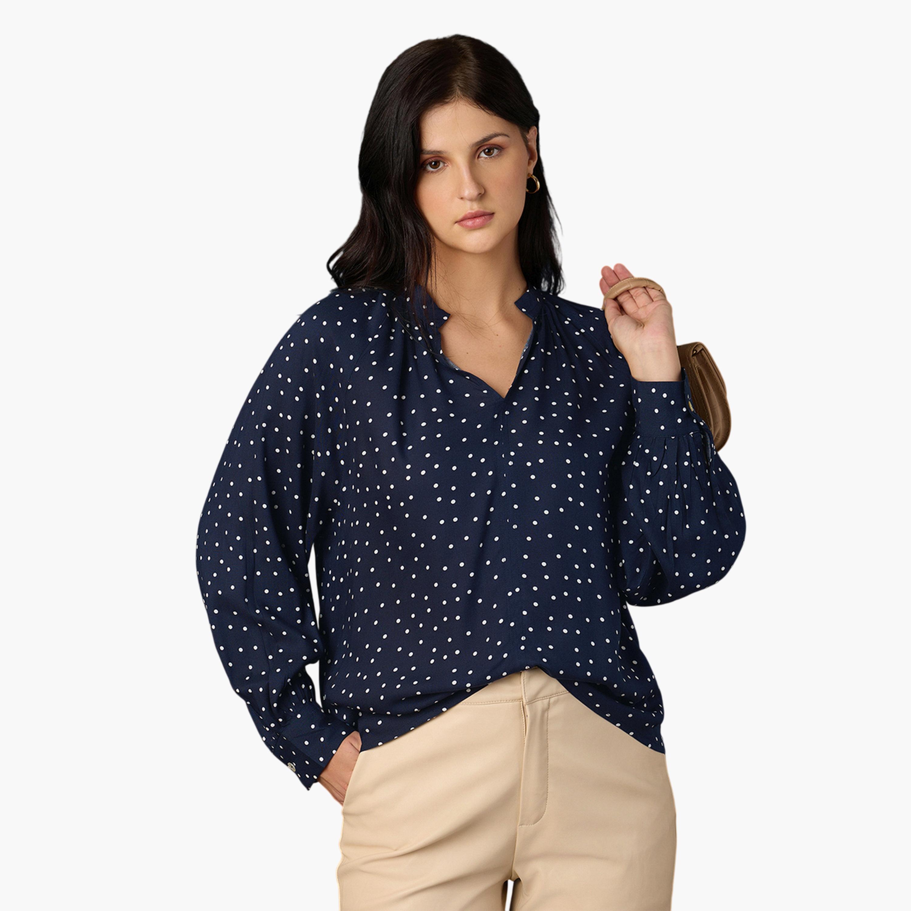 Globus X Styli Womens Blue Polka Dot Long Sleeve Blouse-women-clothing-shirtsandblouses-blouses-image-1