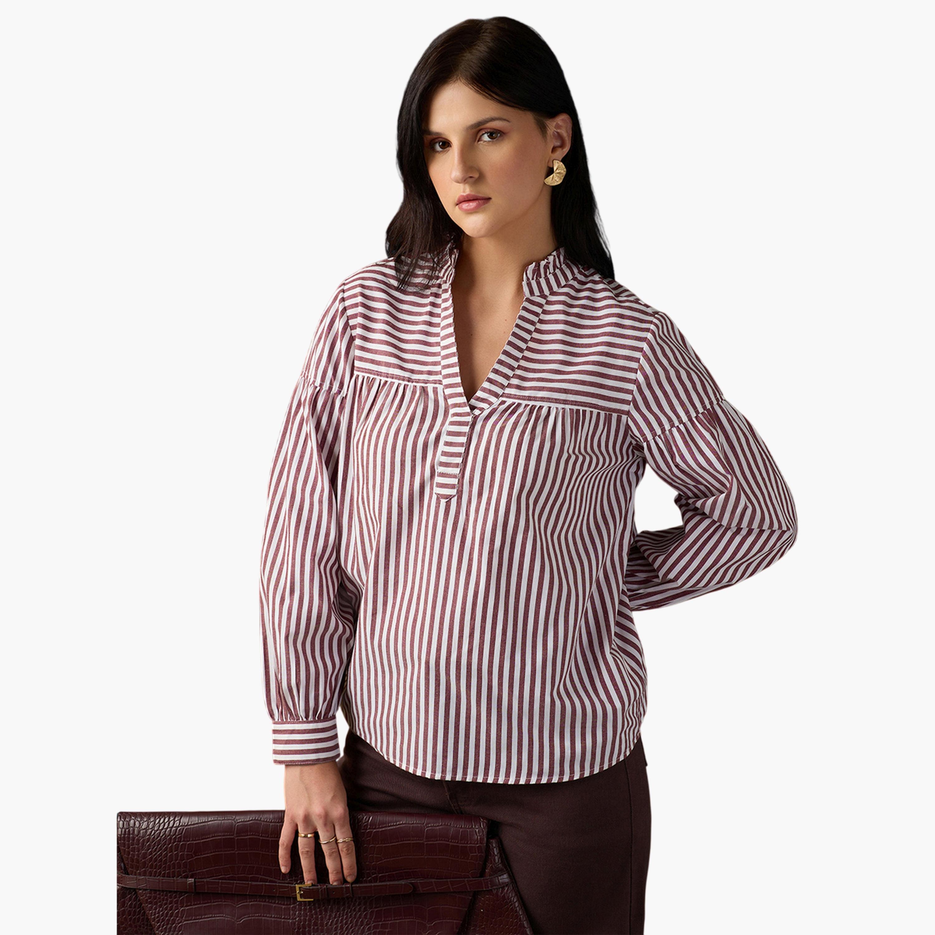 Globus X Styli Brown Striped Long Sleeve Blouse for Women-women-clothing-shirtsandblouses-blouses-image-1