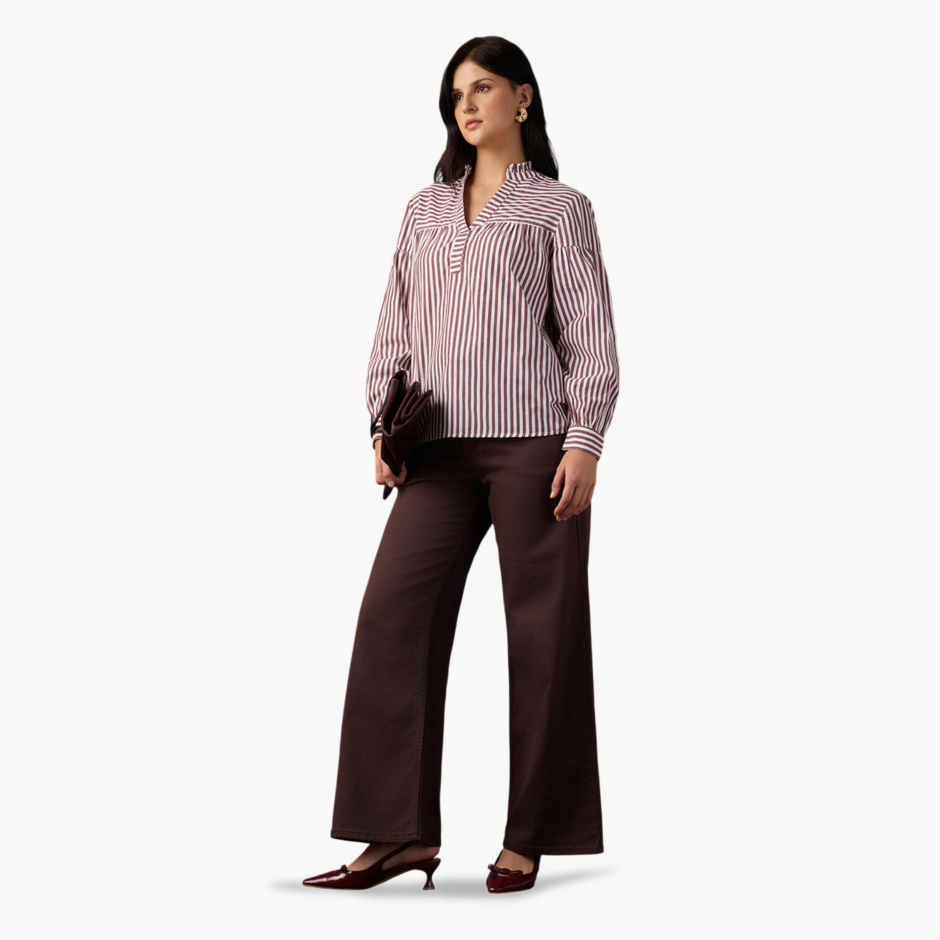 Globus X Styli Brown Striped Long Sleeve Blouse for Women-women-clothing-shirtsandblouses-blouses-image-2