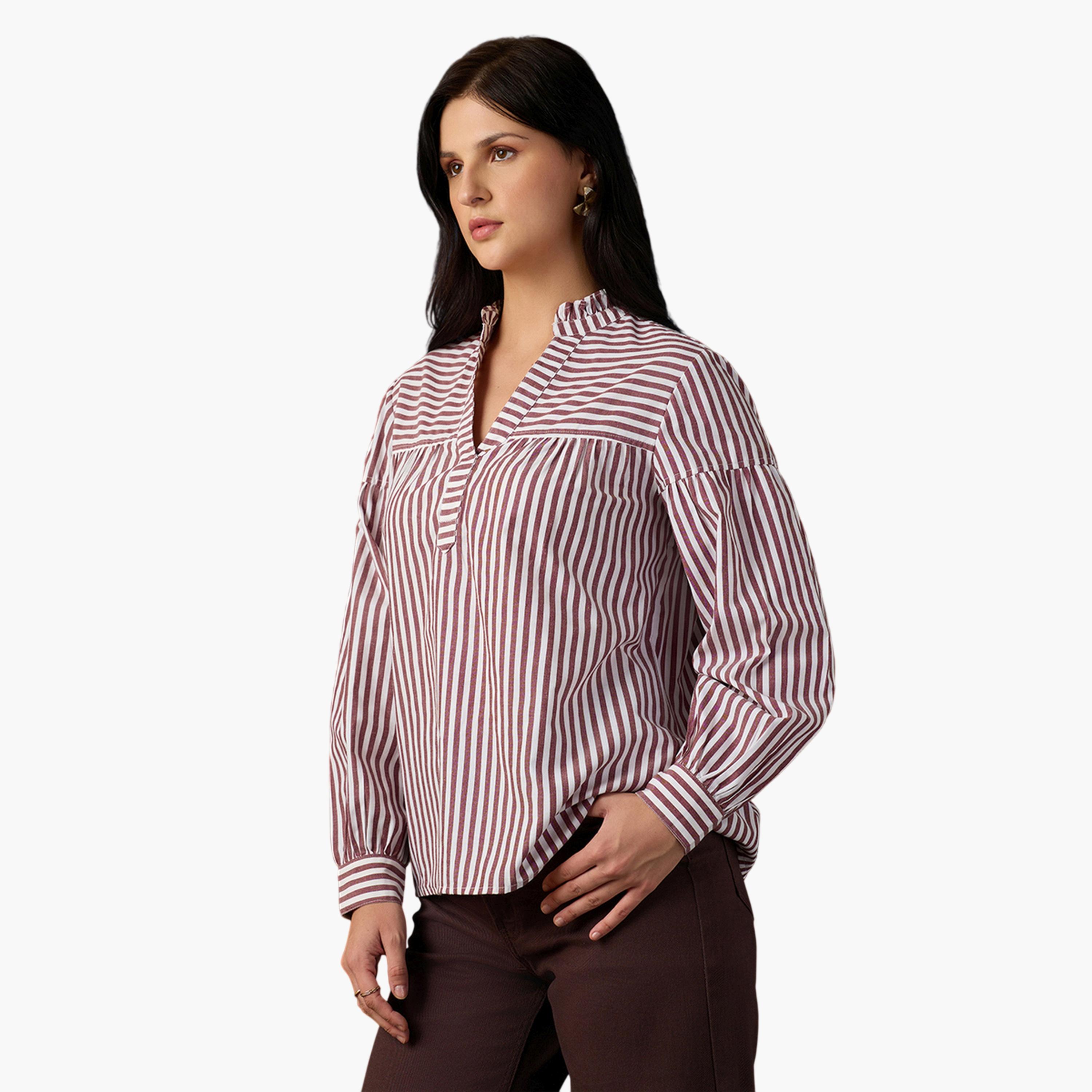 Globus X Styli Brown Striped Long Sleeve Blouse for Women-women-clothing-shirtsandblouses-blouses-image-4
