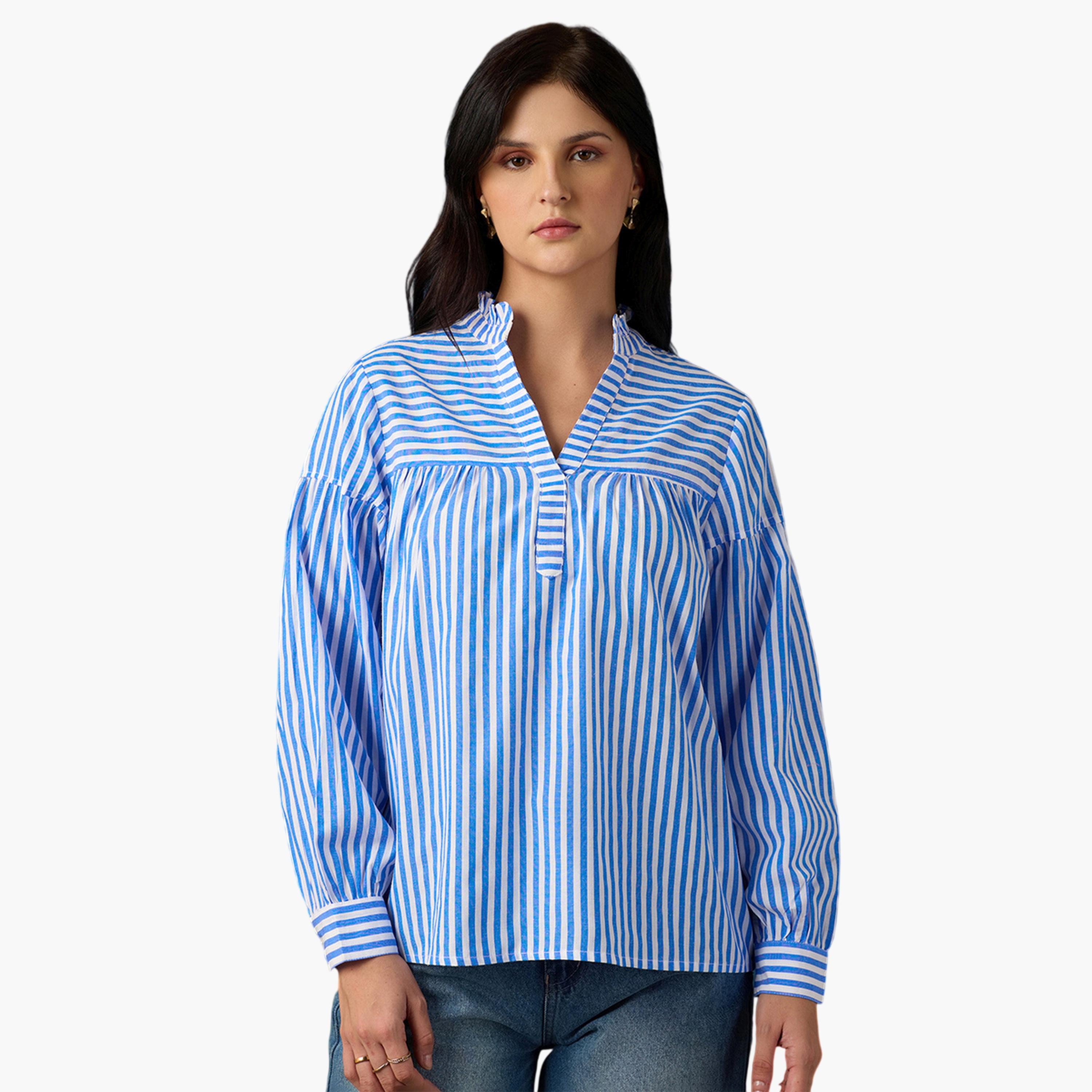 بلوزة مخطط بأكمام طويلة بقصة مريحة-women-clothing-shirtsandblouses-blouses-image-1