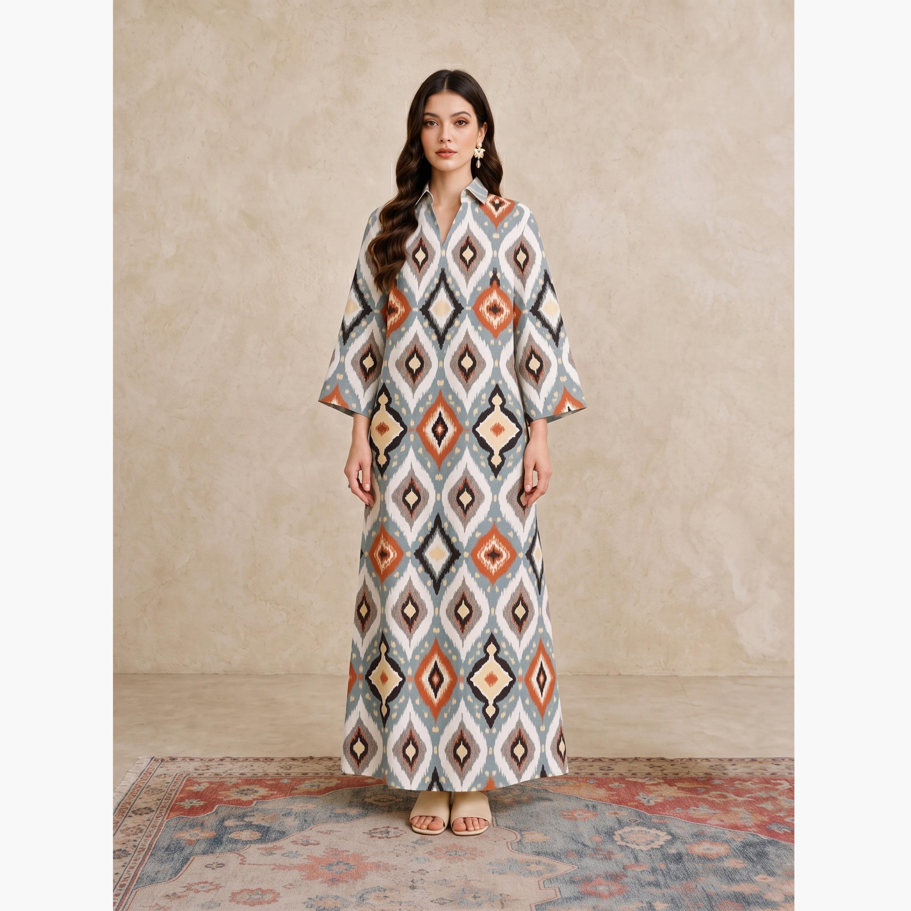 Take Two Multi Ikat Print Open Collar Jalabiya-women-arabicclothing-jalabiyas-image-1