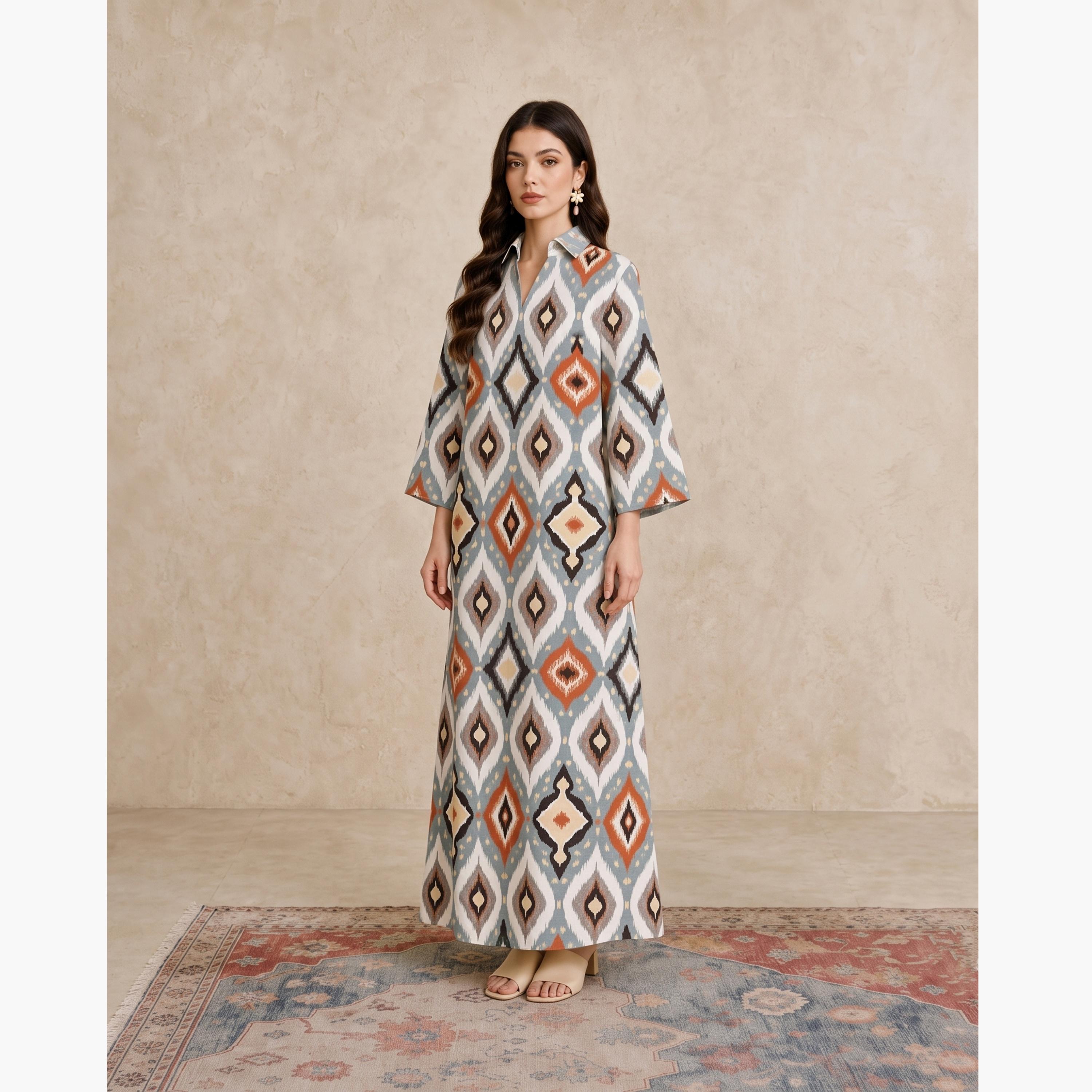 Take Two Multi Ikat Print Open Collar Jalabiya-women-arabicclothing-jalabiyas-image-2
