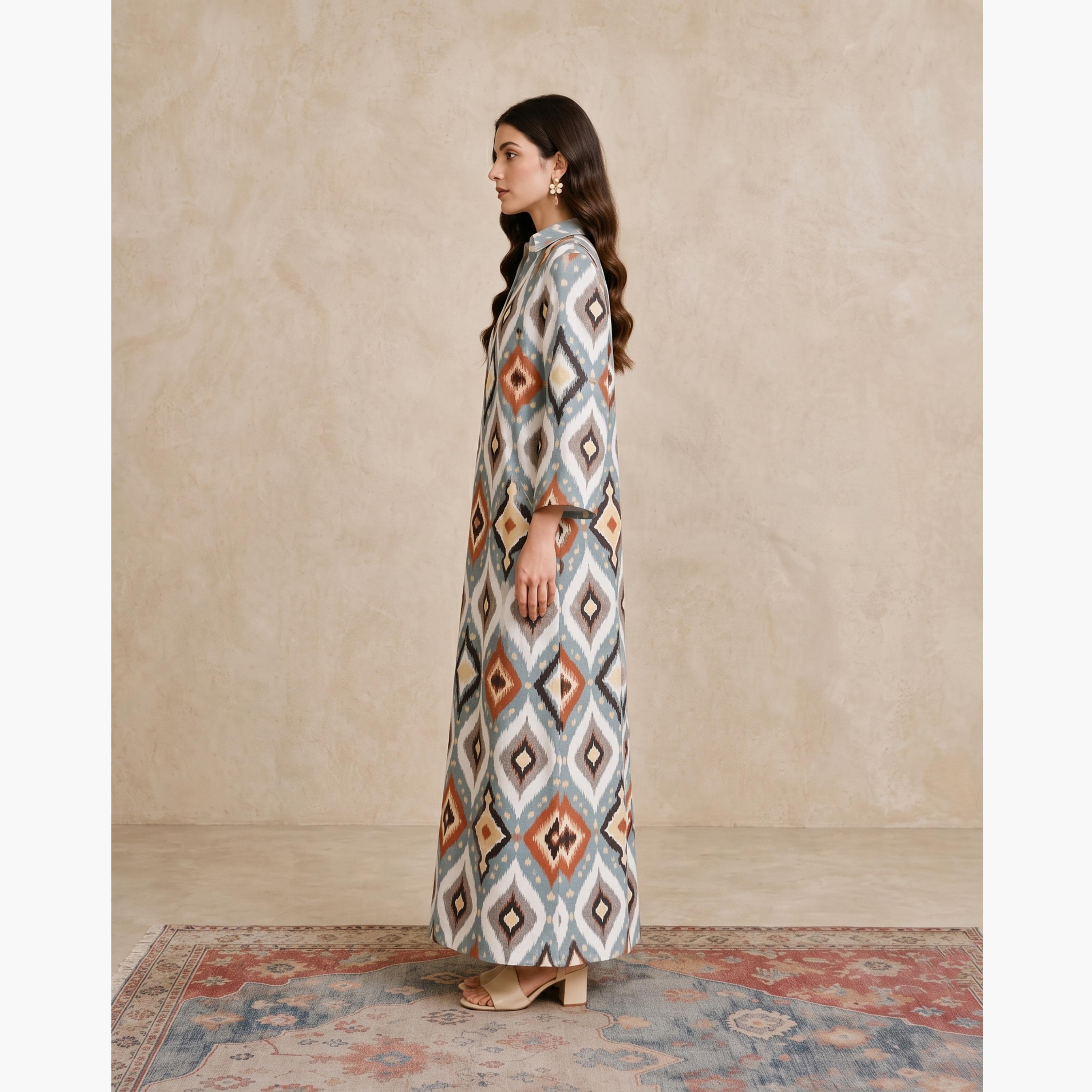 Take Two Multi Ikat Print Open Collar Jalabiya-women-arabicclothing-jalabiyas-image-3