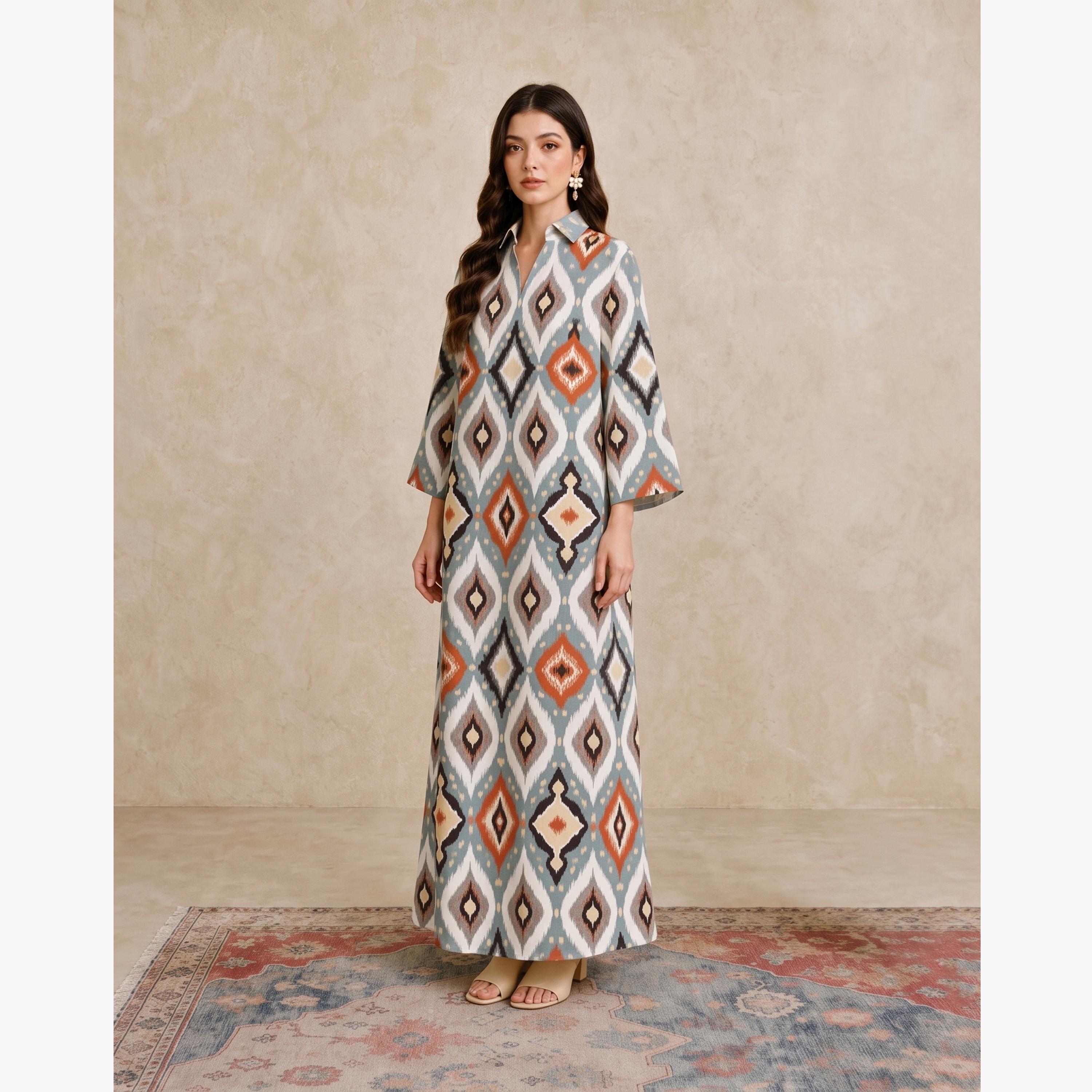Take Two Multi Ikat Print Open Collar Jalabiya-women-arabicclothing-jalabiyas-image-4