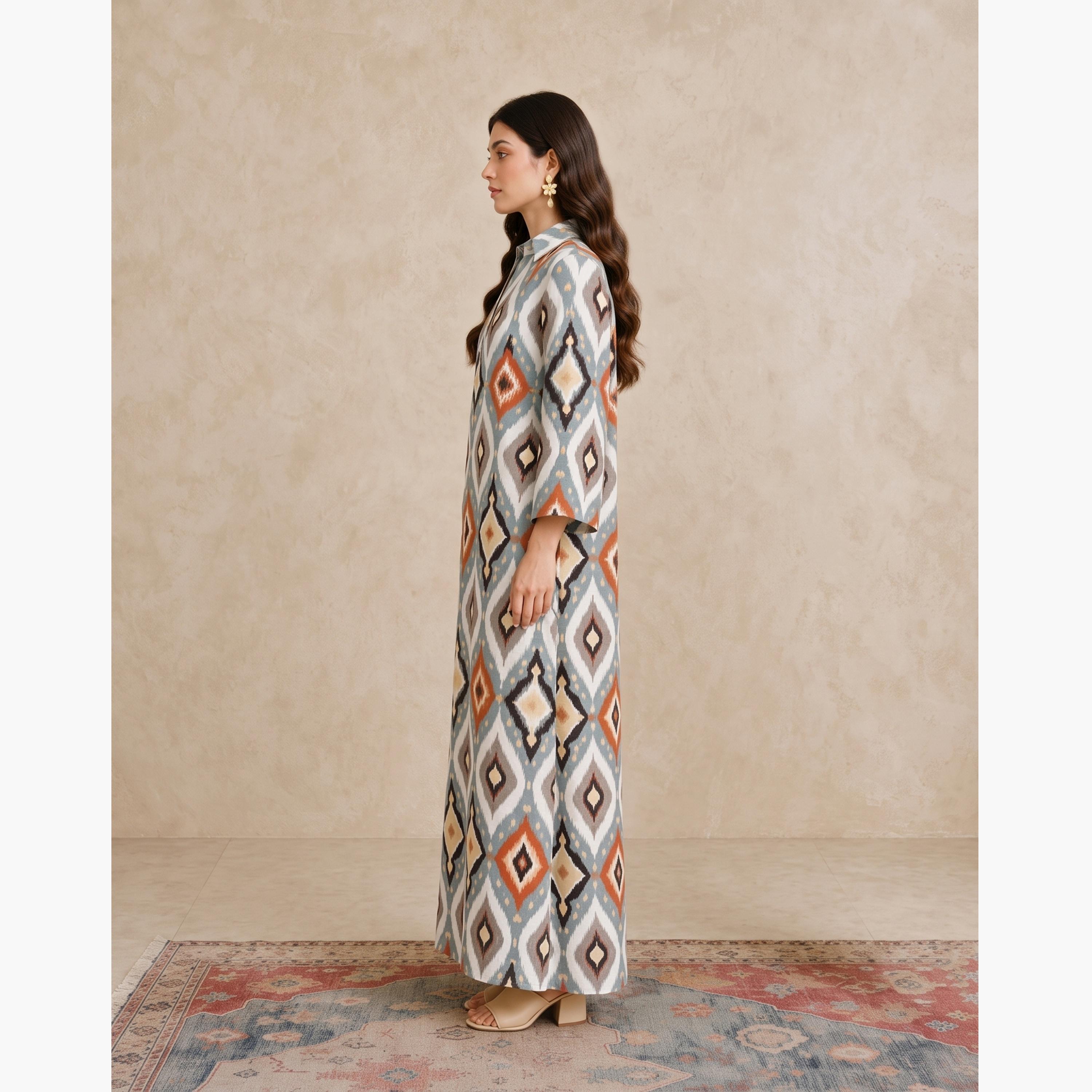 Take Two Multi Ikat Print Open Collar Jalabiya-women-arabicclothing-jalabiyas-image-5