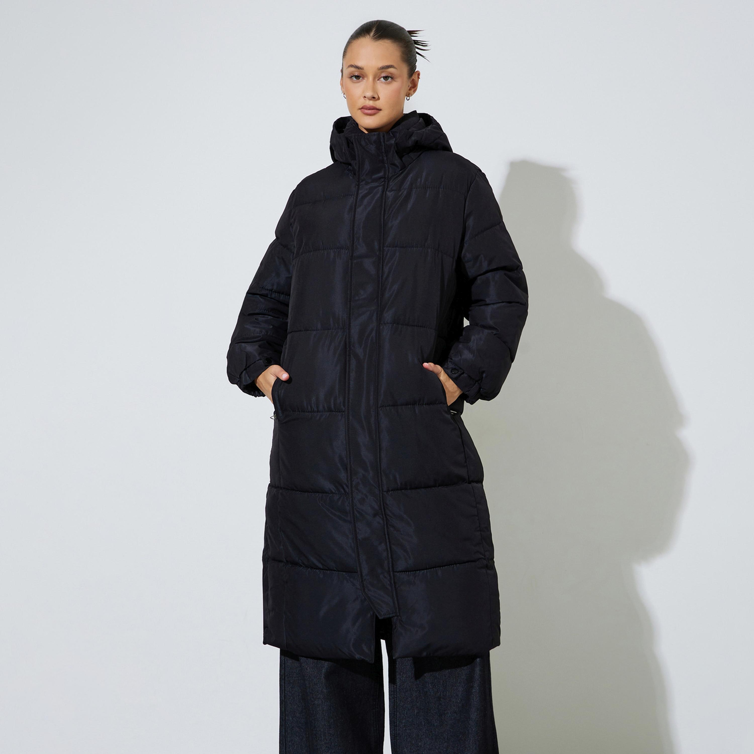 Styli Black Solid Regular Fit Padded Midi Coat-women-winterwear-coatsandjackets-jackets-image-1