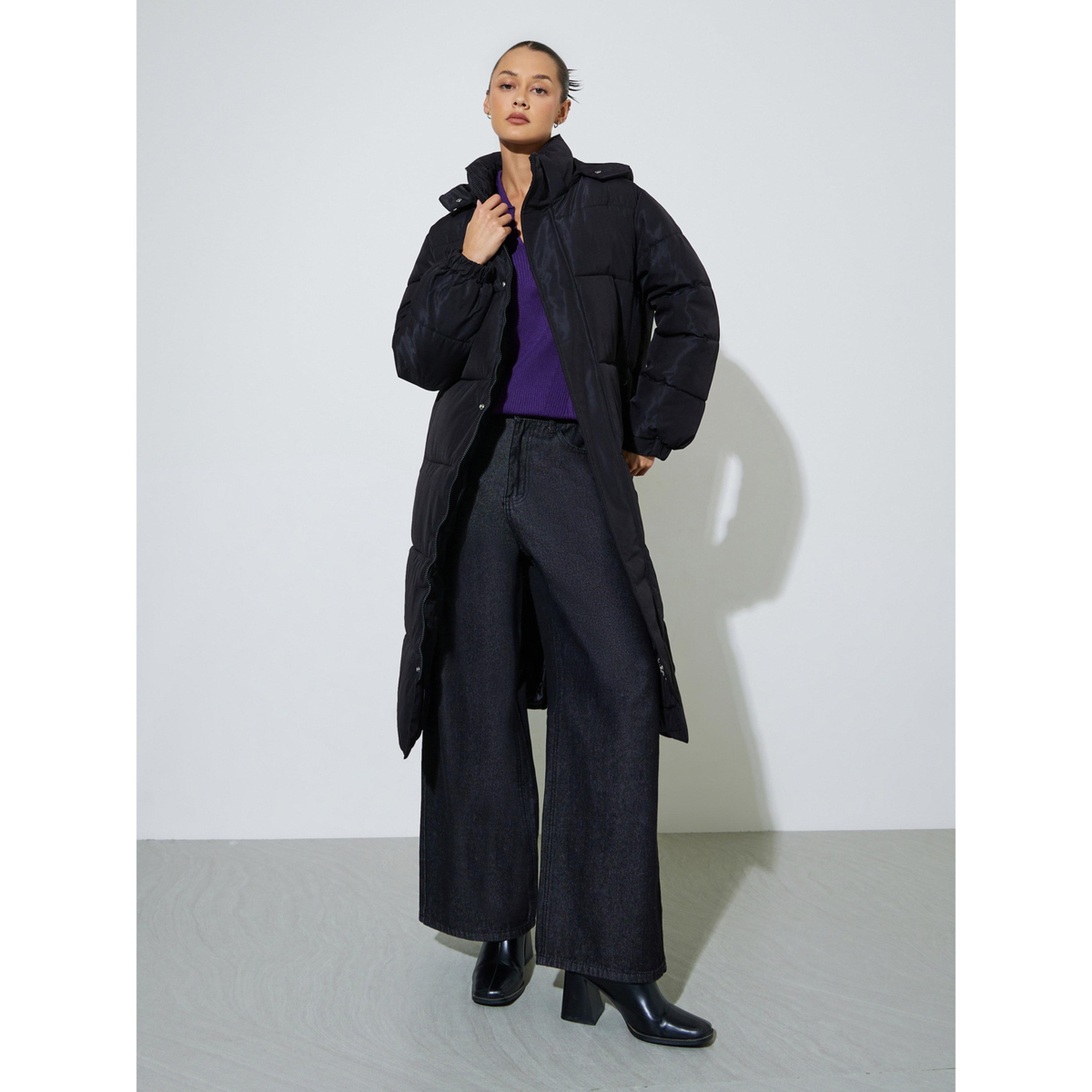 Styli Black Solid Regular Fit Padded Midi Coat-women-winterwear-coatsandjackets-jackets-image-2