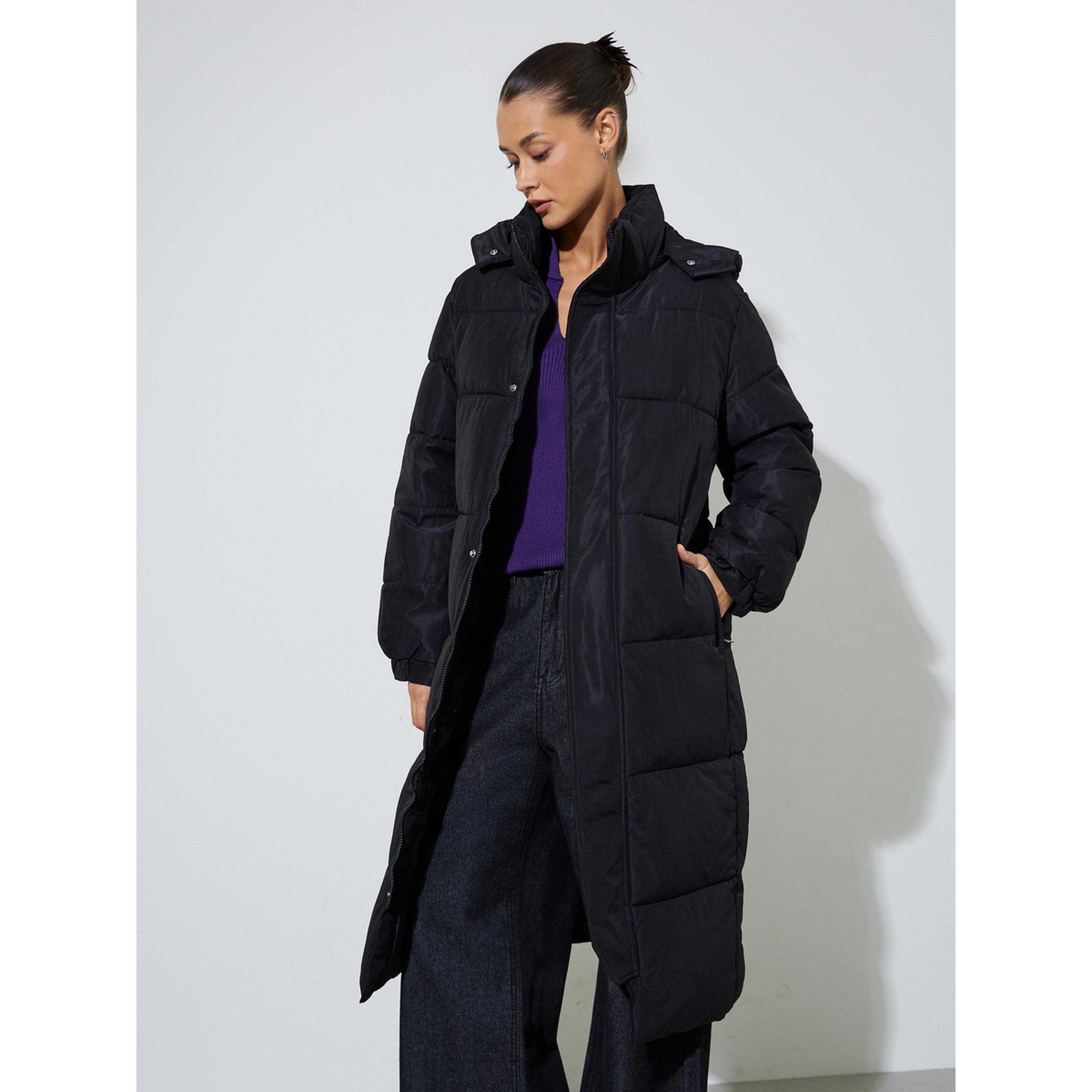 Styli Black Solid Regular Fit Padded Midi Coat-women-winterwear-coatsandjackets-jackets-image-4